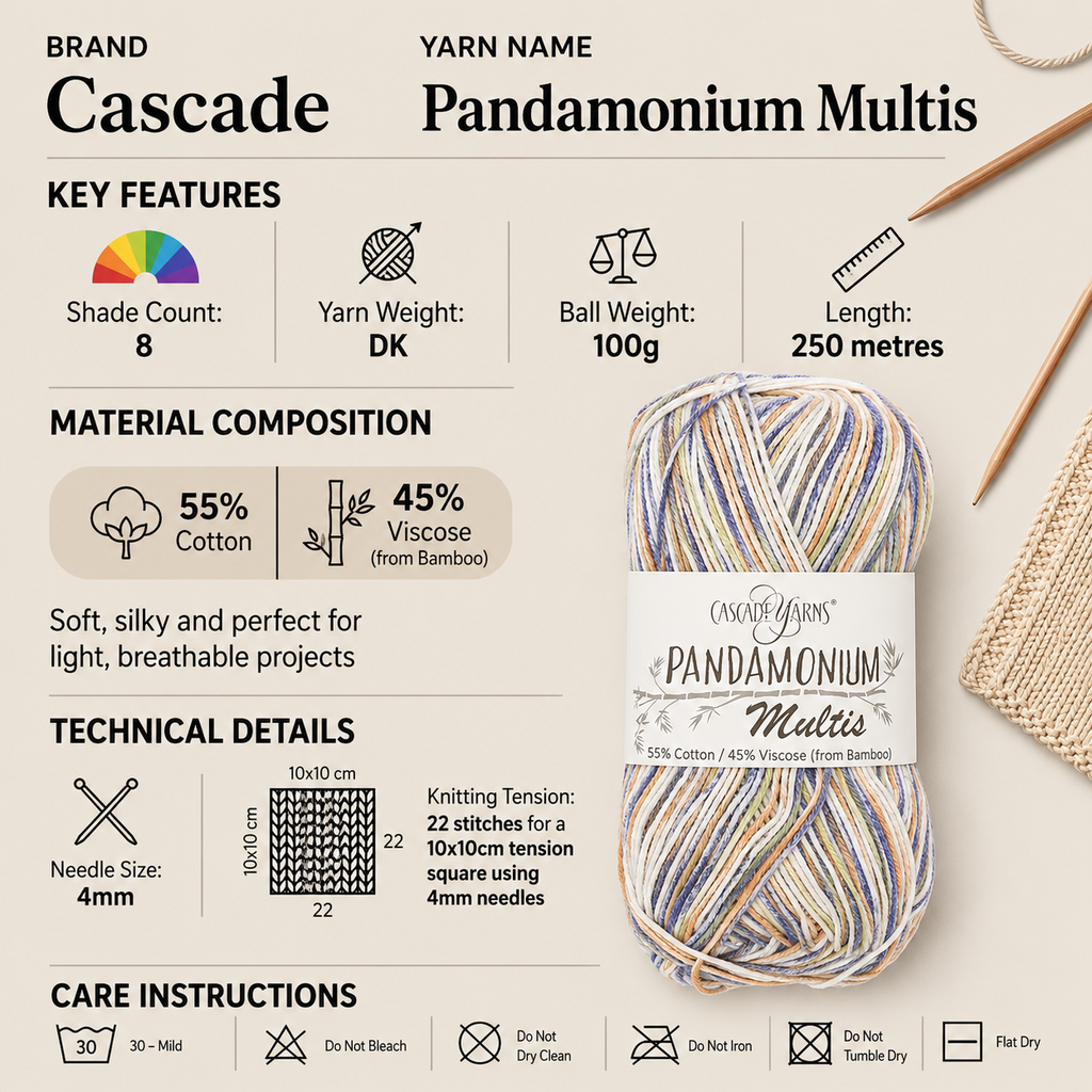 Cascade Pandamonium Multis DK Yarn - 100g, Cotton & Viscose Blend Variegated Soft Double Knitting & Crochet Yarn for Summer Cardigans, Jumpers, & Home Decor