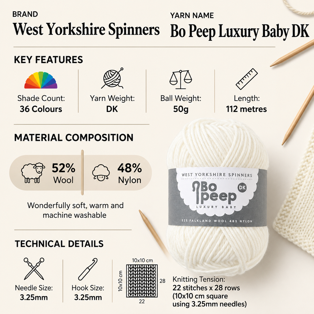 West Yorkshire Spinners Bo Peep Luxury Baby DK Yarn - 50g, Luxury British Wool & Nylon Blend Soft Double Knitting Crochet Yarn for Baby Garments & Blankets