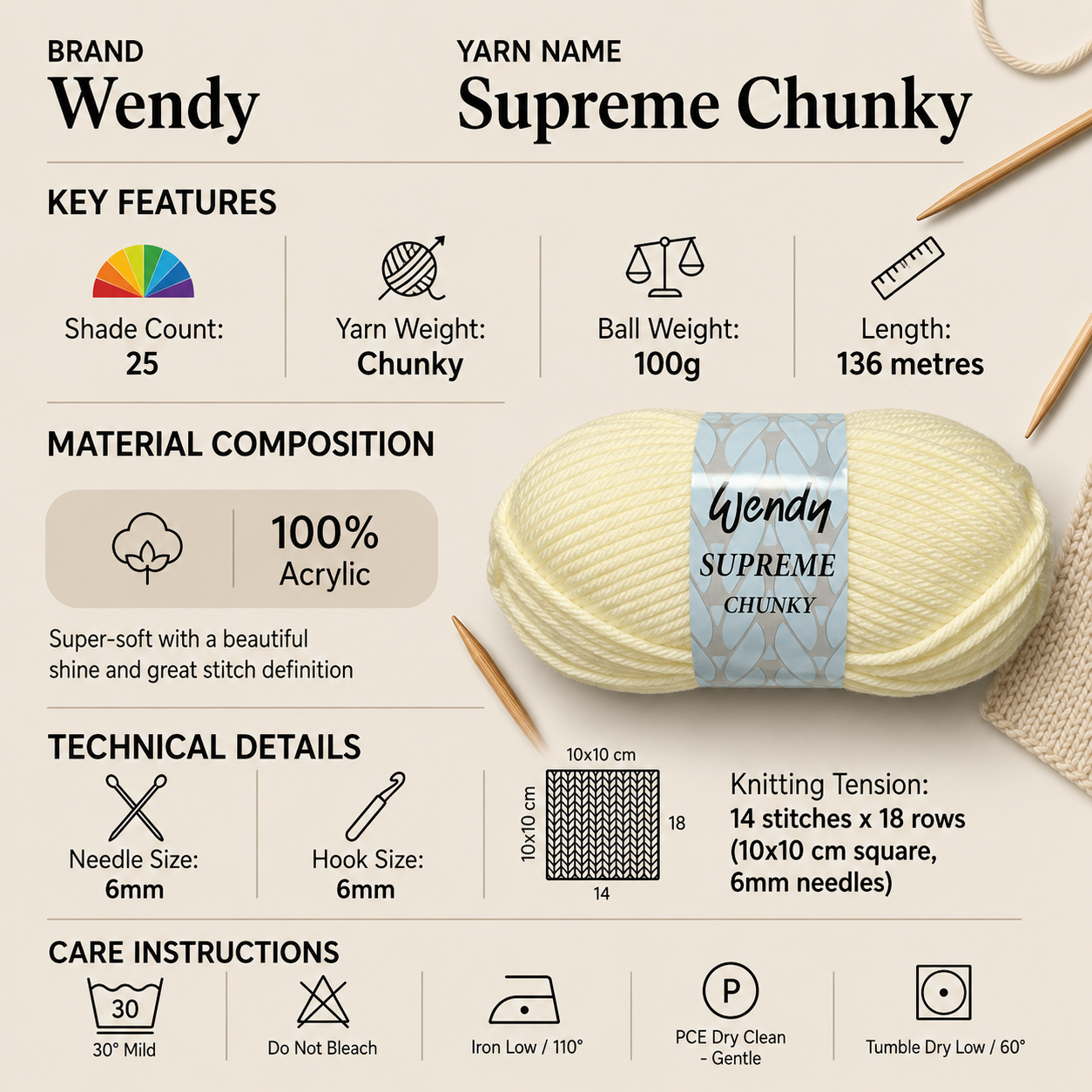 Wendy Supreme Chunky Yarn for Crochet - 100g, Luxury 100% Acrylic Bulky Weight Soft Knitting Wool Machine Washable for Cosy Jumpers, Sweaters & Cardigans