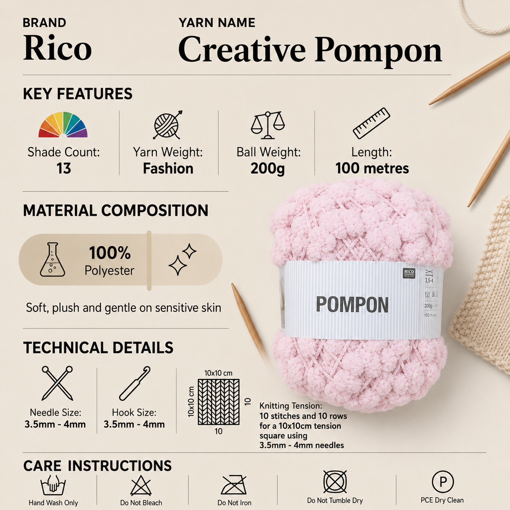 Rico Creative Pompon Fashion Yarn - 200G, Luxury 100% Polyester Solid Colour Chenille Soft Crochet & Knitting Pom Pom Yarn for Baby Blankets, Throws & Cushions