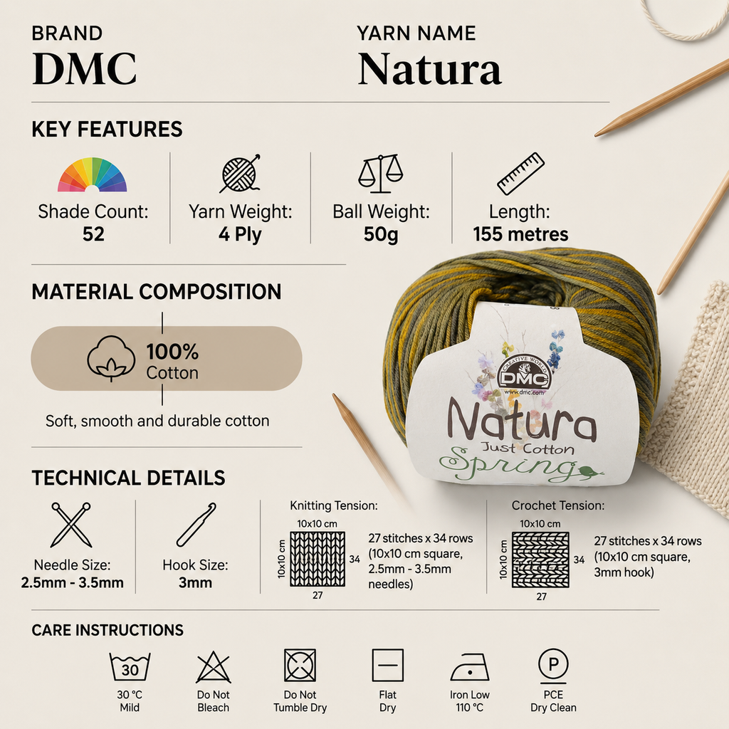 DMC Natura 4 Ply Cotton Crochet Yarn - 50g, Soft 100% Cotton Matte Finish Knitting Yarn for Clothing & Accessories