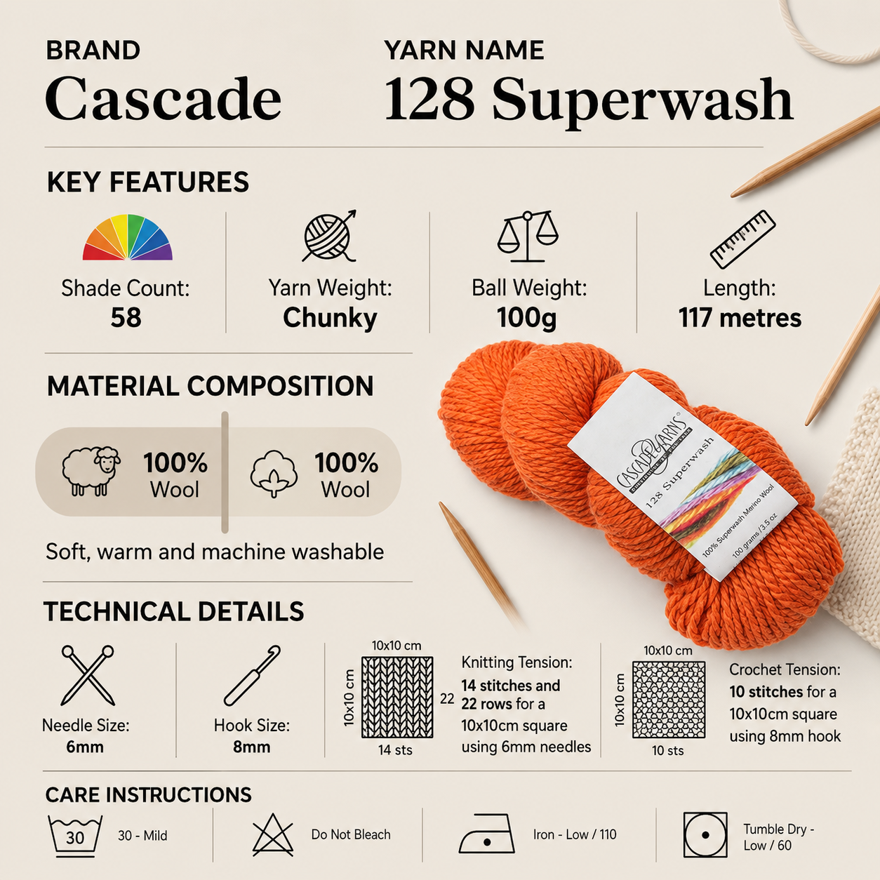 Cascade 128 Superwash Chunky Yarn - 100g, Luxury 100% Superwash Merino Wool Soft Bulky Knitting Wool Yarn for Crochet Kids Clothing, Afghans & Accessories