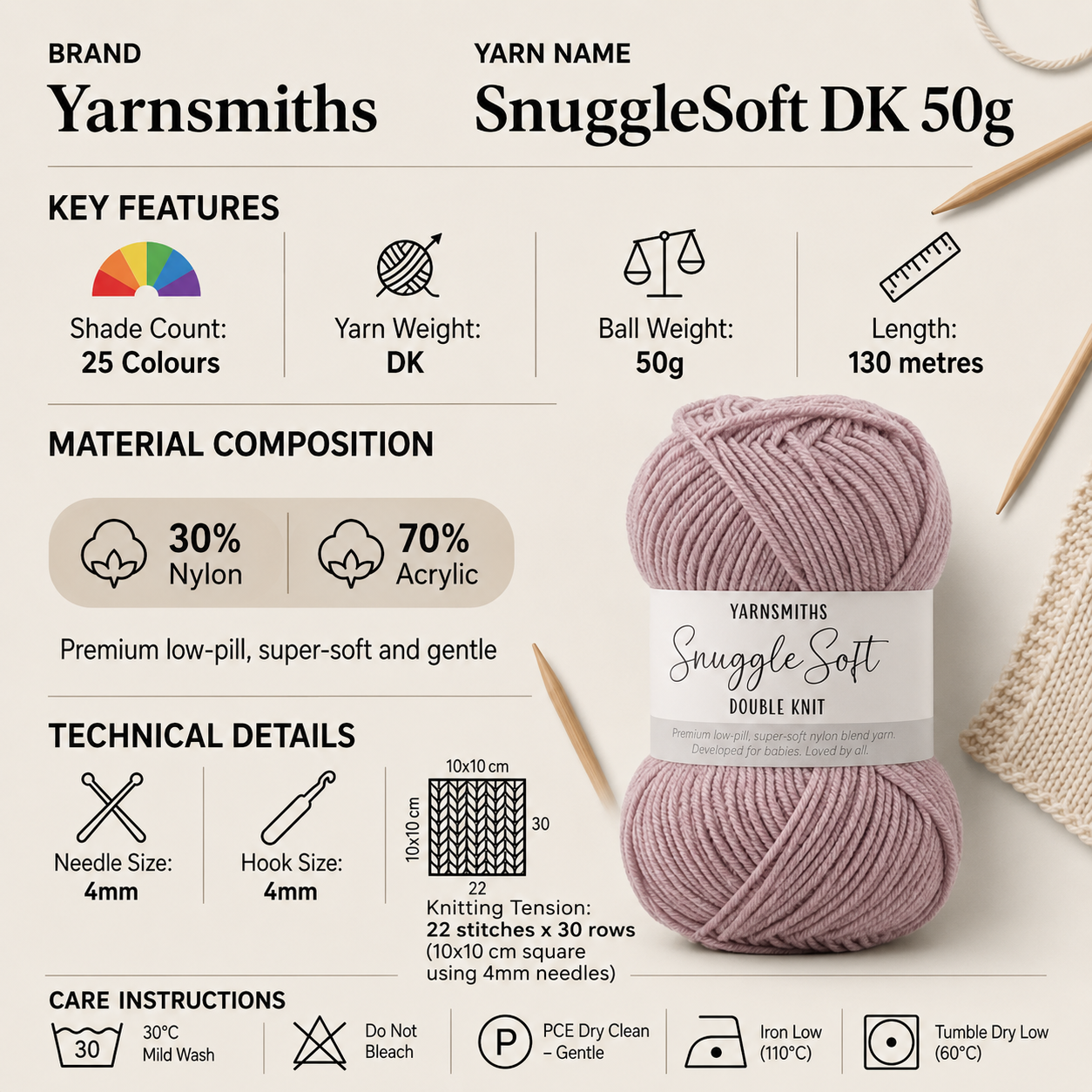 Yarnsmiths SnuggleSoft DK Baby Yarn - 50g, Acrylic Nylon Blend Low Pill Soft Double Knit Crochet Yarn for Newborn Baby Garments & Cosy Home Accessories