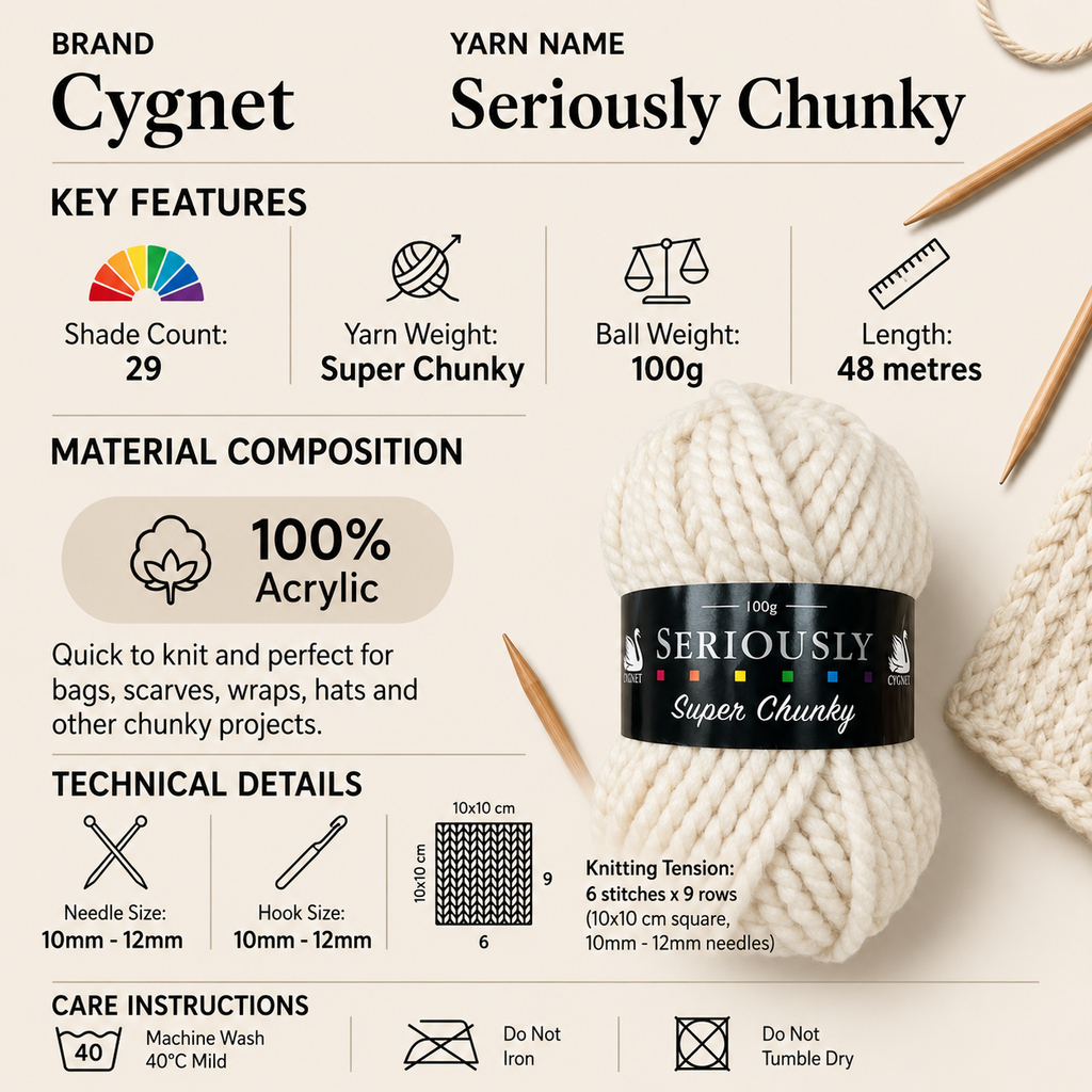 Cygnet Seriously Chunky Knitting Yarn - 100g, 100% Acrylic Quick Knit Crochet Yarn for Bags, Scarves, Wraps, Pompom Hats