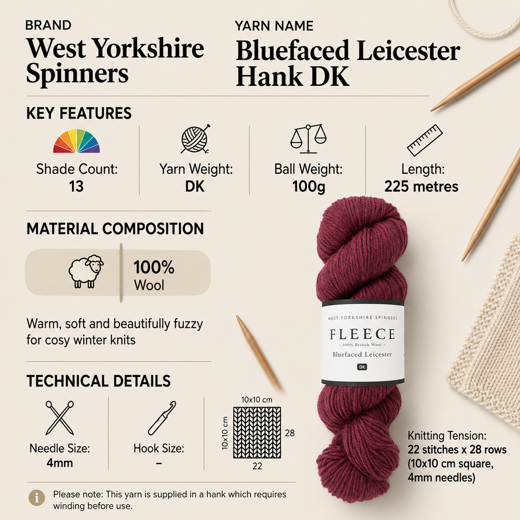 West Yorkshire Spinners Bluefaced Leicester Hank DK Yarn - 100g, Luxury 100% British Wool Soft Double Knitting & Crochet Yarn for Blankets, Cardigans & Jumpers