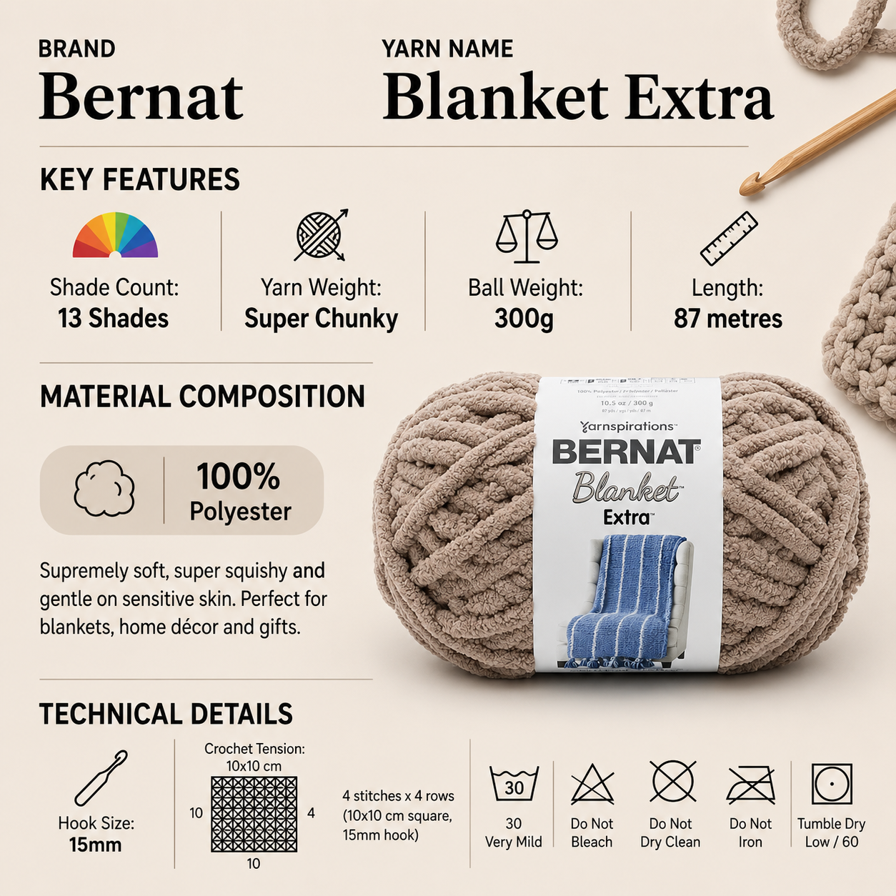 Bernat Blanket Extra Super Chunky Yarn - 300G, 100% Polyester Fluffy Soft Chenille Knitting Wool for Crochet Blankets, Baskets & Home Accessories