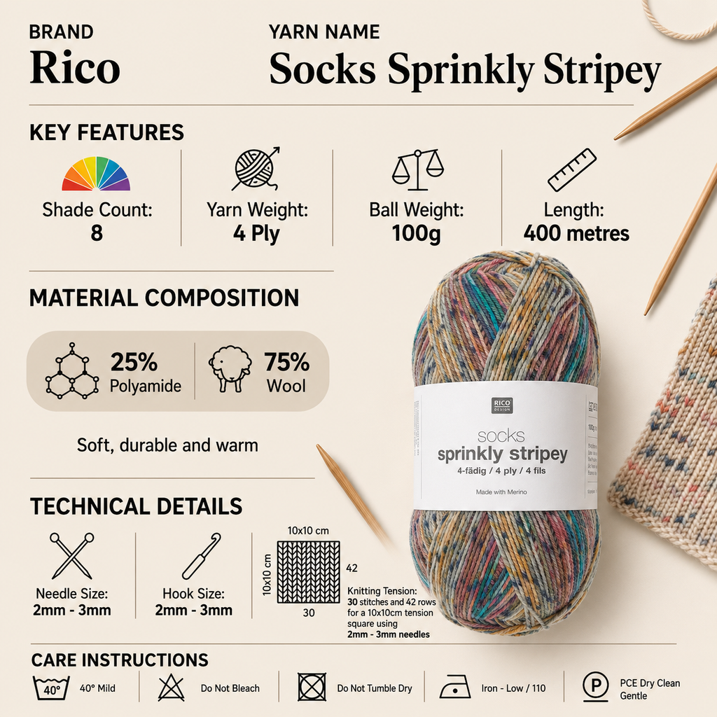 Rico Socks Sprinkly Stripey 4 Ply Yarn for Crochet - 100G, Wool Polyamide Blend Self Patterning Flecked Sock Knitting Wool for Socks, Shawls, Mittens & Gloves