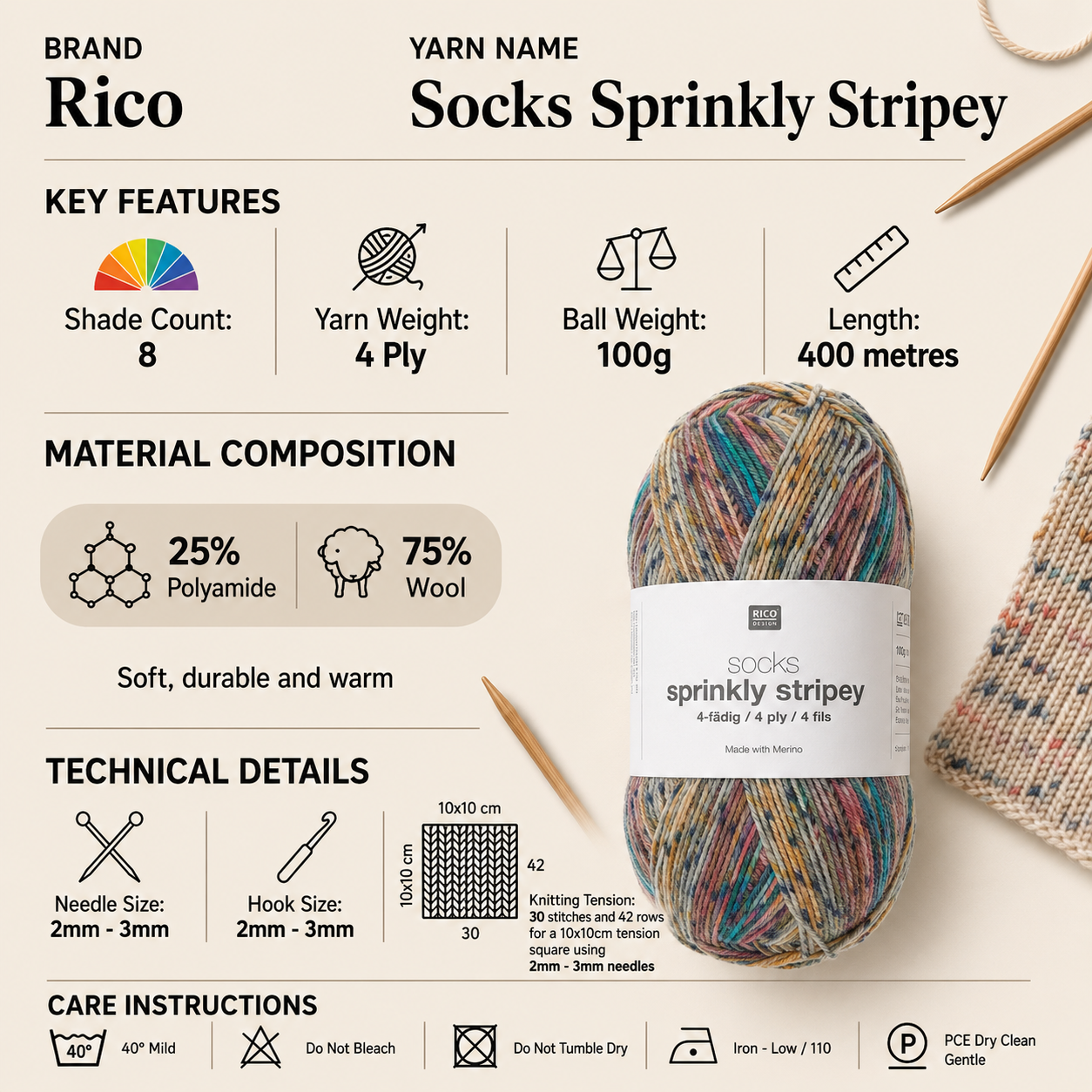 Rico Socks Sprinkly Stripey 4 Ply Yarn for Crochet - 100G, Wool Polyamide Blend Self Patterning Flecked Sock Knitting Wool for Socks, Shawls, Mittens & Gloves