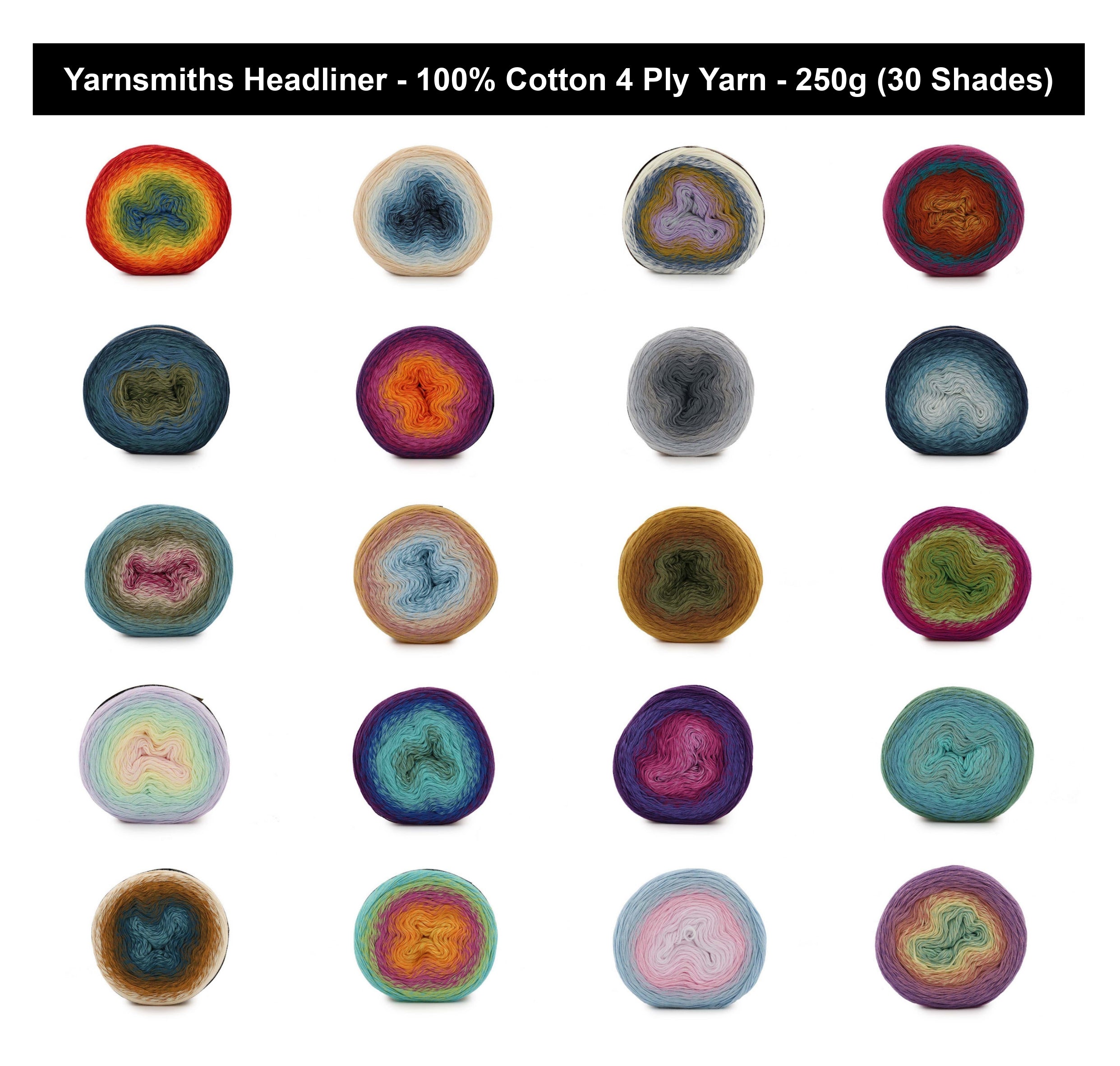 Yarnsmiths Headliner 4 Ply Yarn Cake - 250g, 100% Natural Cotton Soft Twisted Gradient Crochet & Knitting Wool for Summer Shawls, Wraps & Tops