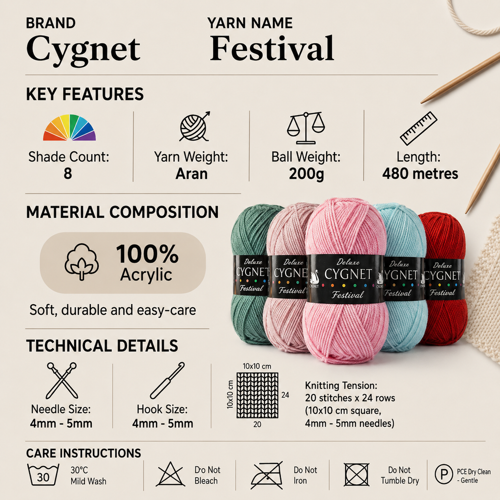 Cygnet Festival Aran Crochet Yarn - 200g, 100% Acrylic Self-Striping Vibrant Knitting Yarn for Garments & Accessories