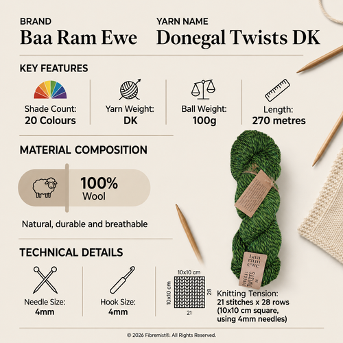 Baa Ram Ewe Donegal Twists DK Crochet Yarn - 100g, Worsted-Spun British Wool & Woollen-Spun Merino Blend, Soft Tweed Effect Double Knitting Yarn for Jumpers & Sweaters