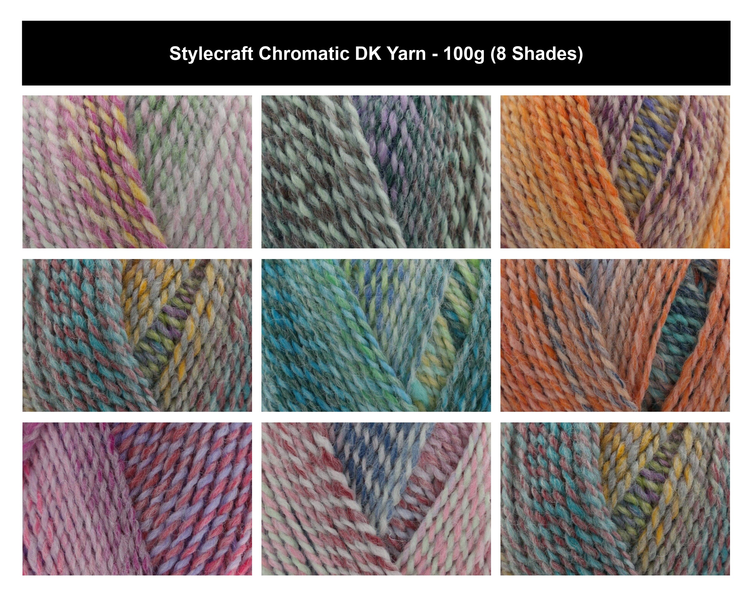 Stylecraft Chromatic Crochet DK Yarn - 100g, Acrylic Wool Blend Colour Changing Multicolour Twisted Double Knitting Yarn for Cardigans, Jumpers, Sweaters, Shawls, Waistcoats, Hats and Headwear