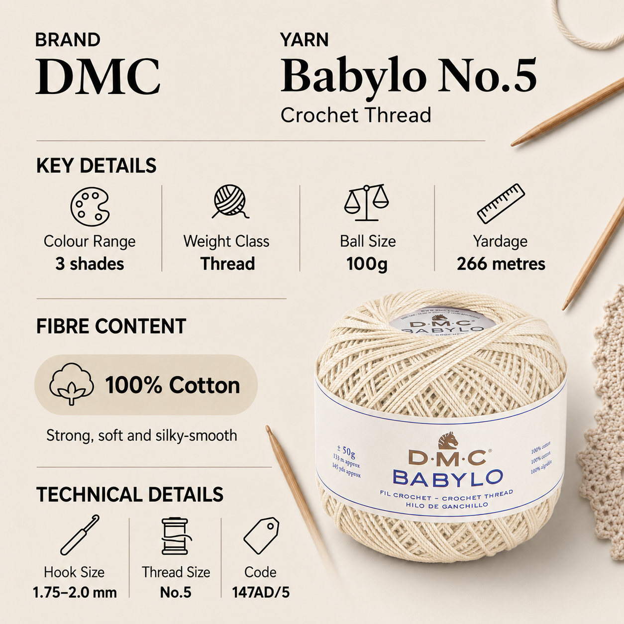 DMC Babylo No.5 Crochet Thread Yarn - 100g, 100% Mercerised Cotton Knitting Yarn for Decorative Lacework, Doilies & Fine Detail Crafting
