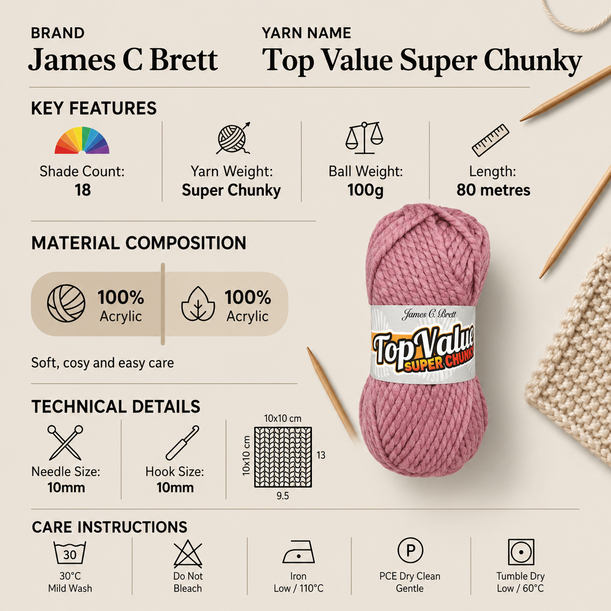 James C Brett Top Value Super Chunky Yarn - 100g, Soft 100% Acrylic Versatile Crochet & Knitting Wool for Cardigans, Blankets, Throws & Afghans