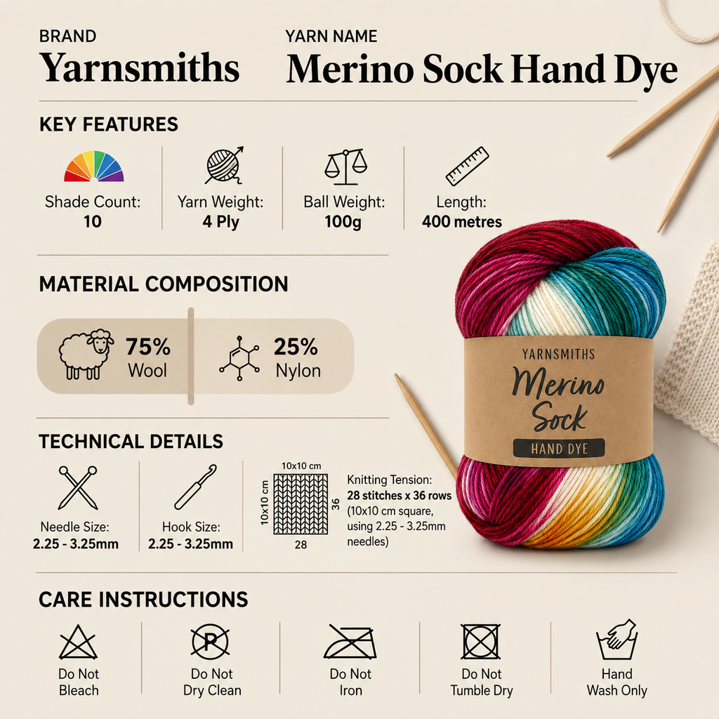 Yarnsmiths Merino Sock Hand Dye 4 Ply Yarn - 100g, Luxury Merino Wool Nylon Blend Hand Dyed Crochet Knitting Sock Yarn for Socks, Lace Shawls & Cowls