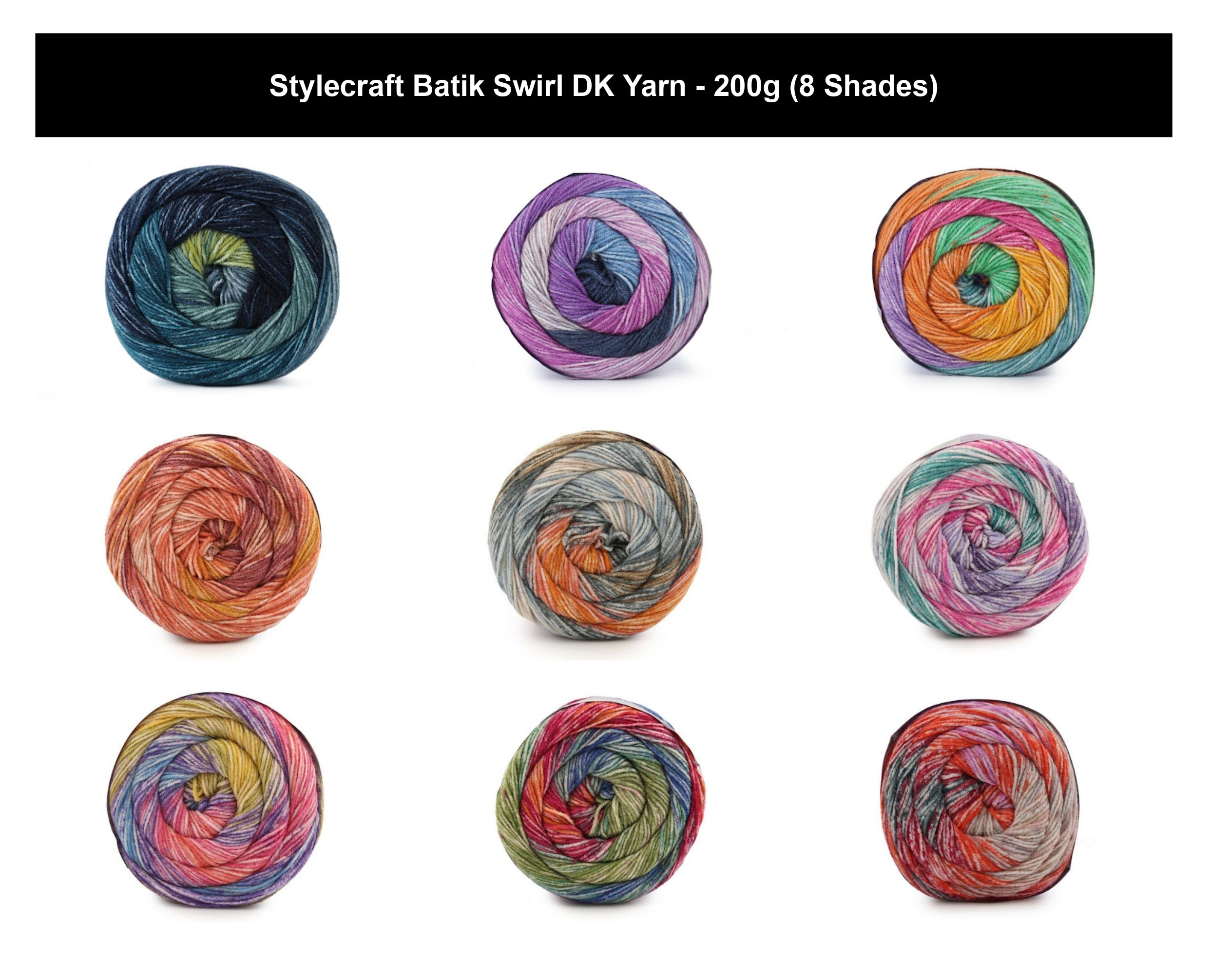 Stylecraft Batik Swirl Striped Crochet DK Yarn - 100g, Wool Acrylic Blend Variegated Double Knitting Wool for Striped Garments, Jumpers, Sweaters, Cardigans & Tops