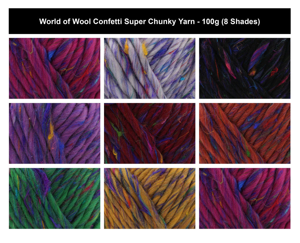 World of Wool Confetti Super Chunky Yarn - 100g, Wool Silk Blend Soft Colorful Tweedy Flecked Thick Crochet Knitting Wool Yarn for Winter Garments & Accessories