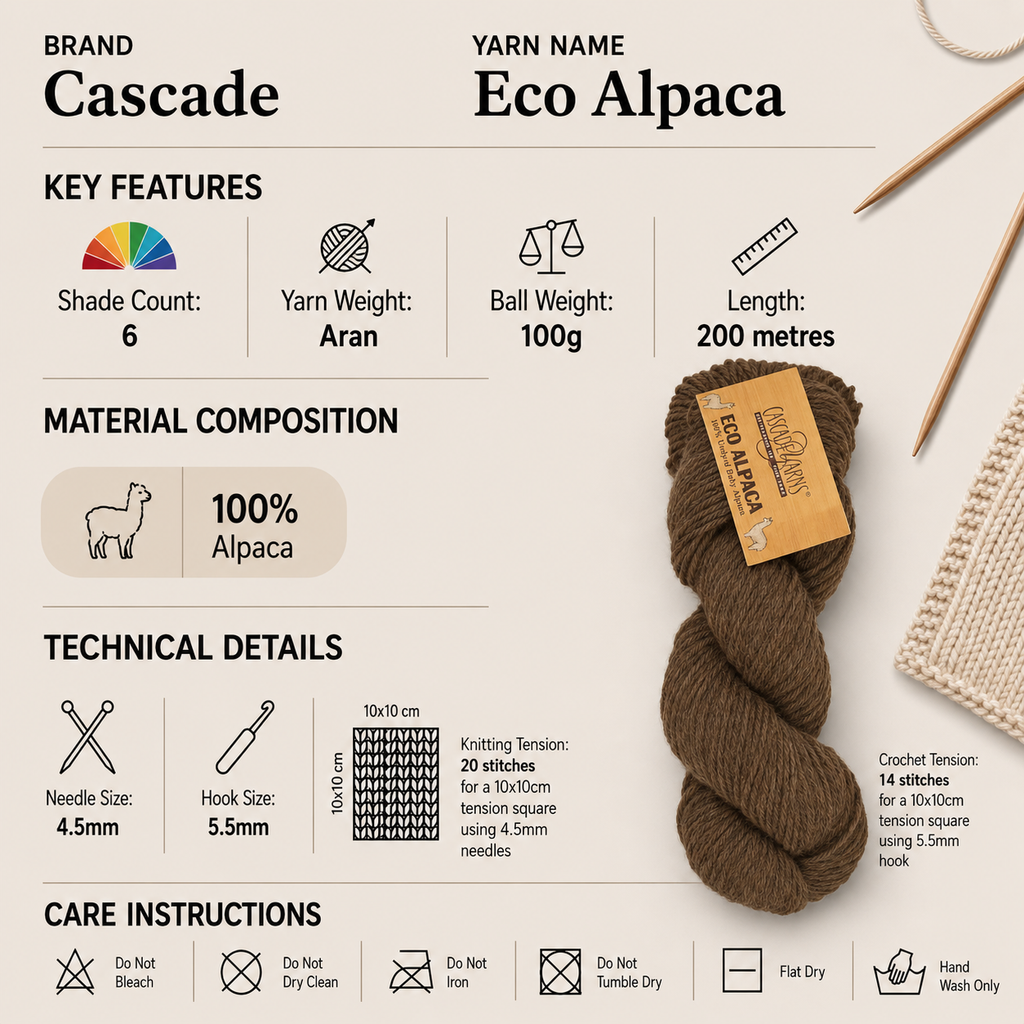Cascade Eco Alpaca Aran Yarn for Crochet - 100g, Luxury 100% Undyed Baby Alpaca Soft Knitting Wool for Cosy Garments, Scarves, Hats & Accessories
