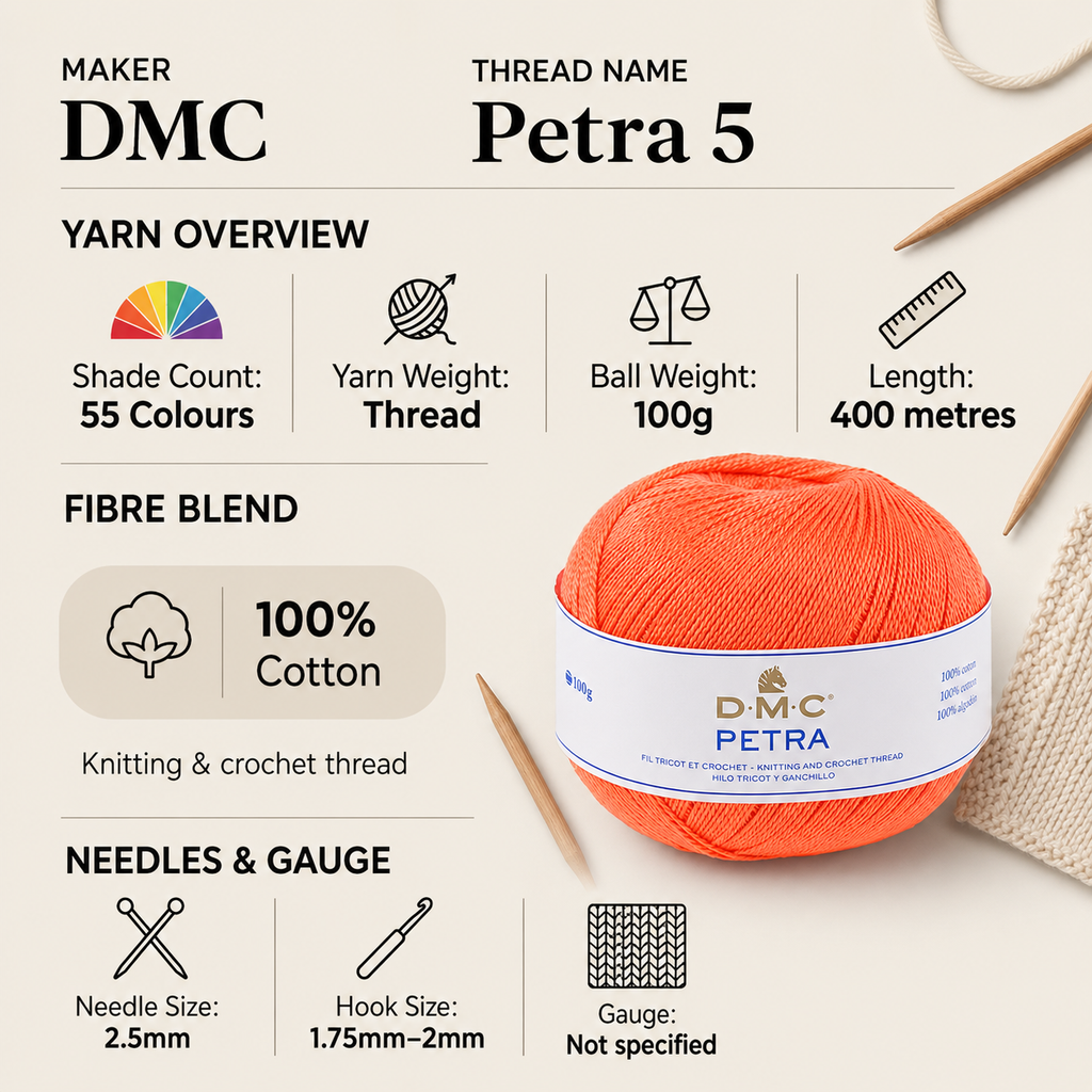 DMC Petra 5 Thread Crochet Yarn - 100g, 100% Mercerised Cotton Knitting & Crochet Yarn for Babywear, Clothing & Decorative Projects