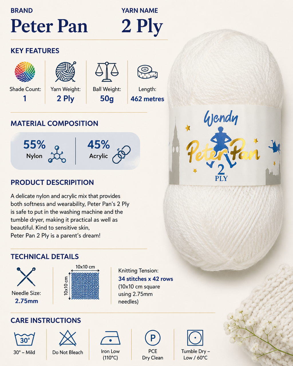 Peter Pan 2 Ply Crochet Yarn - 50g, Nylon & Acrylic Blend Lightweight Knitting Wool for Sensitive Skin Baby Garments, Shawls, Blankets & Accessories