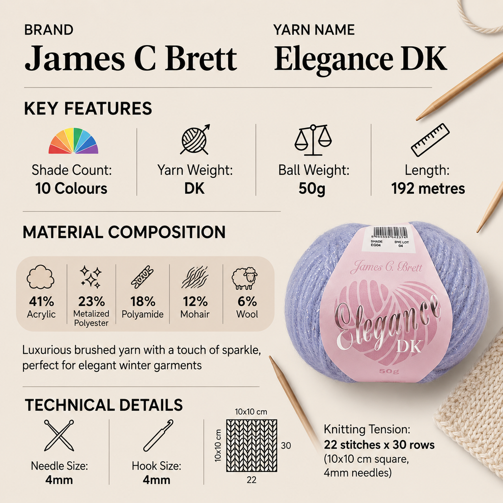 James C Brett Elegance DK Chrochet Yarn - 50g, Acrylic, Polyamide, Mohair & Wool Blend Double Knitting Yarn for Winter Cardigans, Jumpers & Sweaters