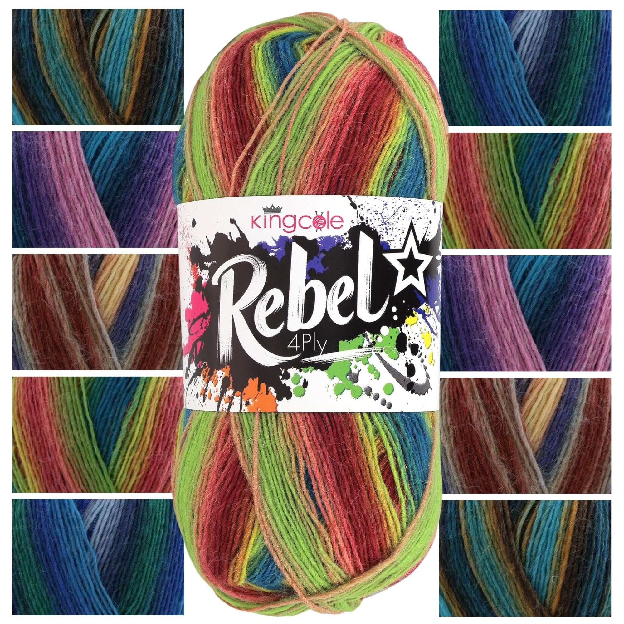 King Cole Rebel 4?Ply Yarn 75% Superwash Wool 25% Nylon Self?Striping Sock & Shawl Yarn 400m Bold Colour Knitting Yarn - 100g