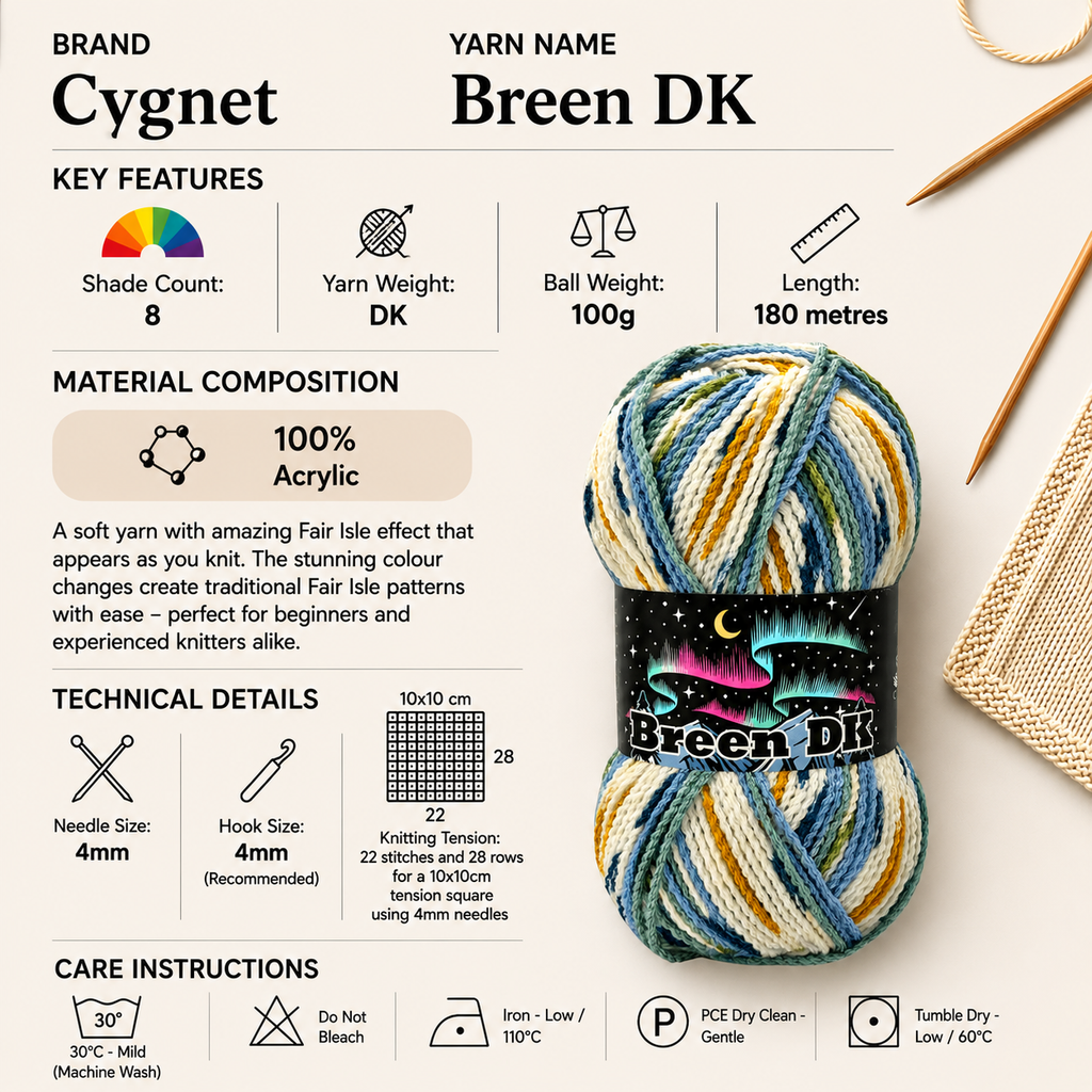 Cygnet Breen DK Crochet Yarn - 100g, 100% Acrylic Self-Patterning Double Knitting Fair Isle effect Yarn for Garments and Home Accessories