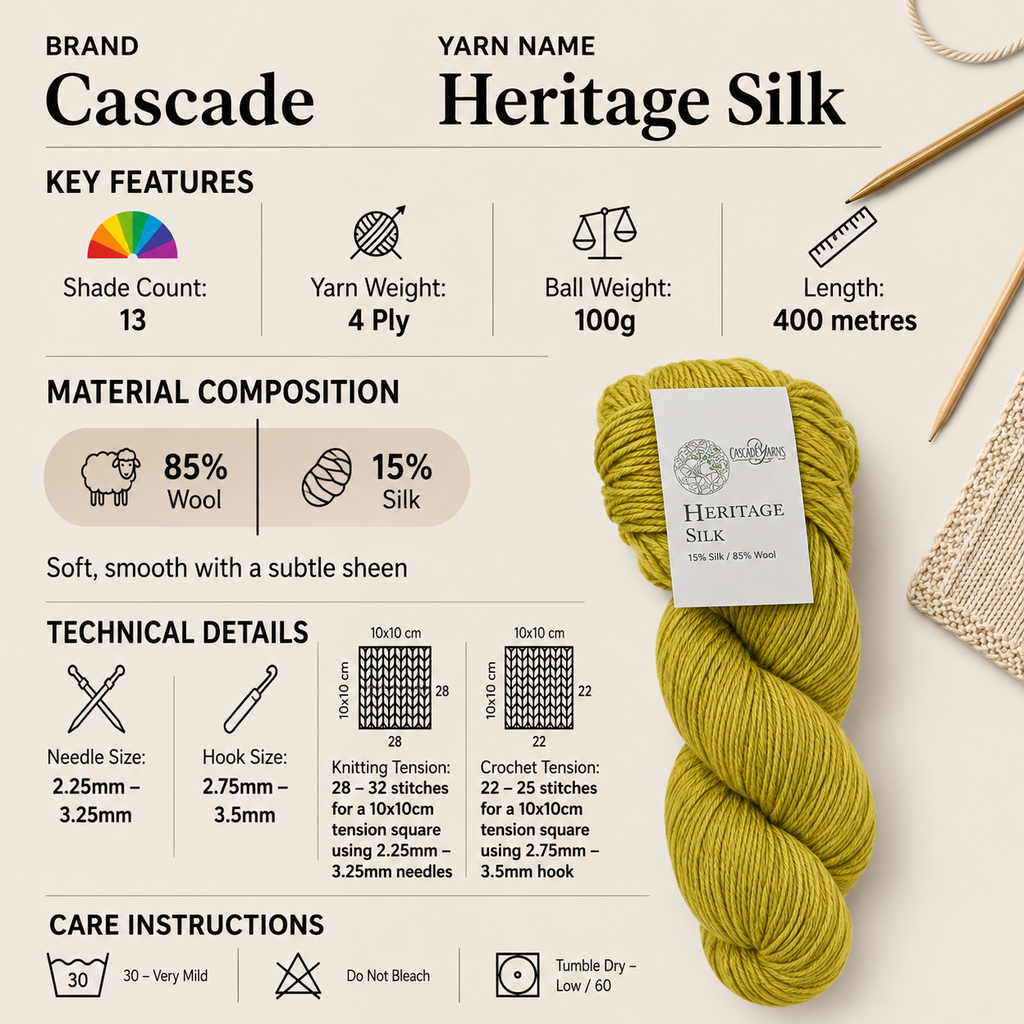 Cascade Heritage Silk 4 Ply Crochet Yarn - 100g, Luxury Merino Wool & Silk Blend Soft Lace Knitting Wool for Shawls, Socks, & Lightweight Accessories