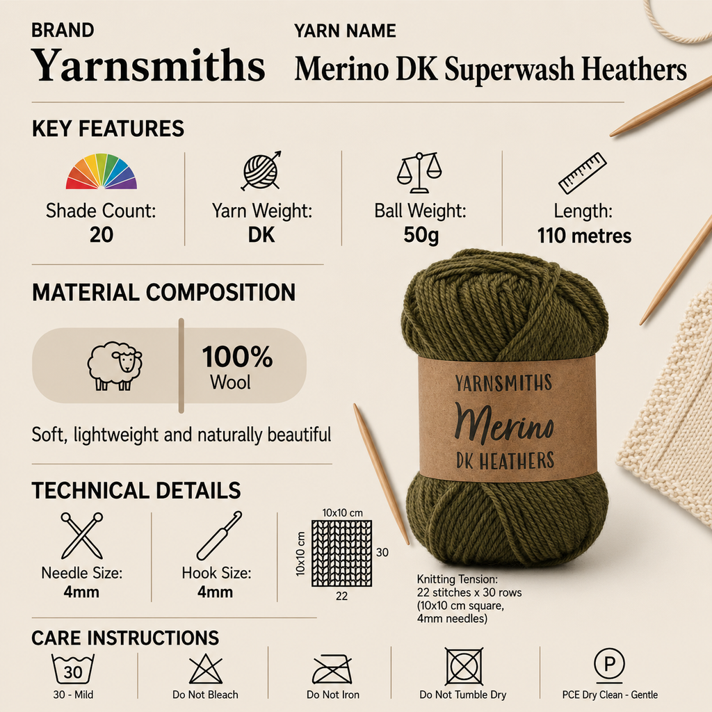 Yarnsmiths Merino DK Superwash Heathers Yarn - 50g, Luxury 100% Merino Wool Soft Squishy Double Knitting Crochet Yarn for Garments & Cozy Nursery Projects