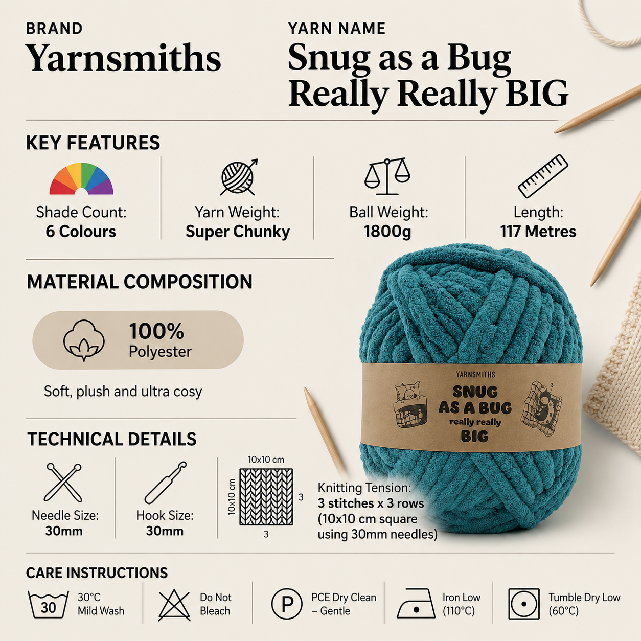 Yarnsmiths Snug As A Bug Really Really Big Super Chunky Yarn - 1800g, 100% Polyester Chenille Jumbo Thick Crochet Knitting Yarn for Cozy Plushies, Blankets and Rugs