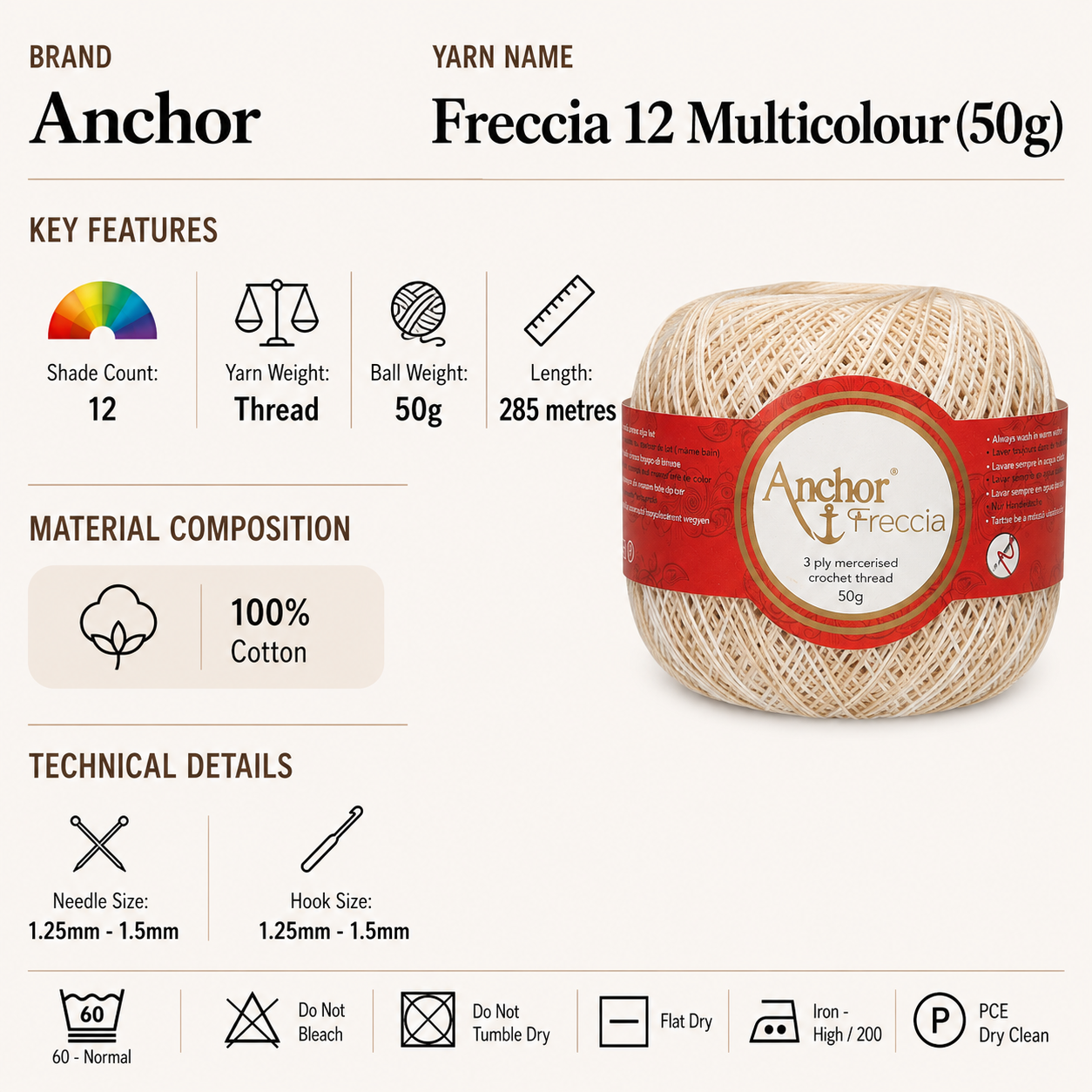 Anchor Freccia 12 Multicolour Crochet Thread Yarn - 50g, 100% Mercerised Cotton Crochet & Knitting Thread for Home Décor, Accessories & Baby Garments