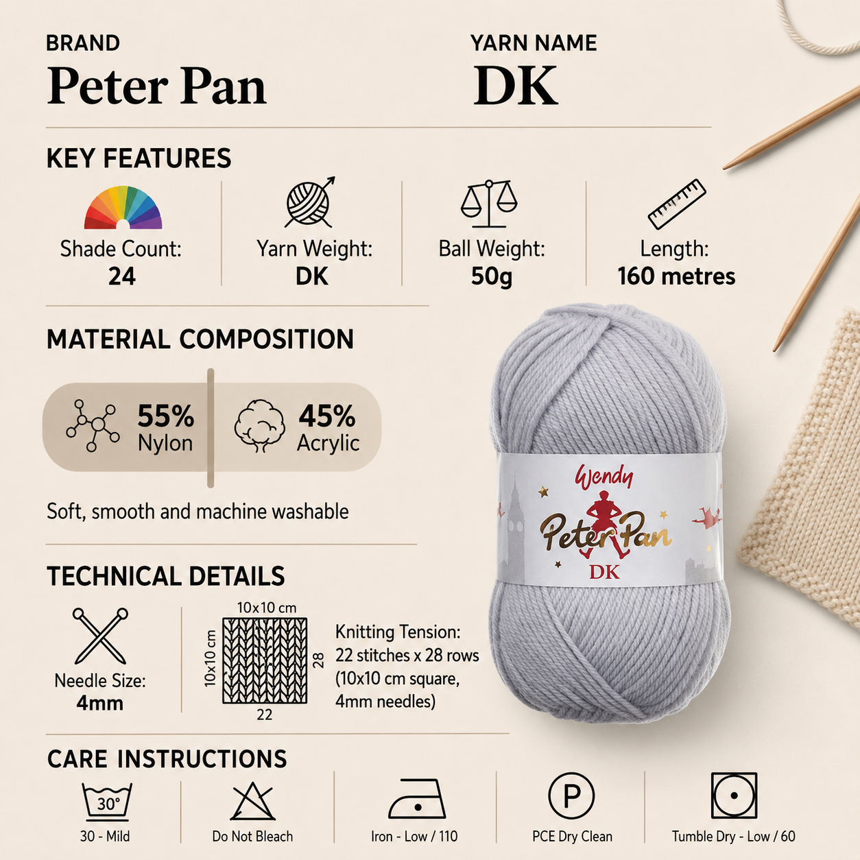 Peter Pan DK Crochet Yarn - 50g, Nylon & Acrylic Blend Soft Lightweight Double Knitting Wool for Baby Garments, Blankets, Cardigans & Accessories