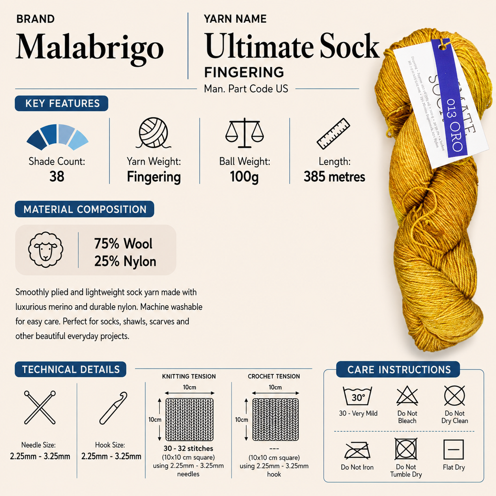 Malabrigo Ultimate Fingering Sock Yarn - 100g, Merino Wool & Nylon Blend 4 Ply Hand Dyed Crochet Knitting Sock Yarn for Socks, Shawls, Scarves
