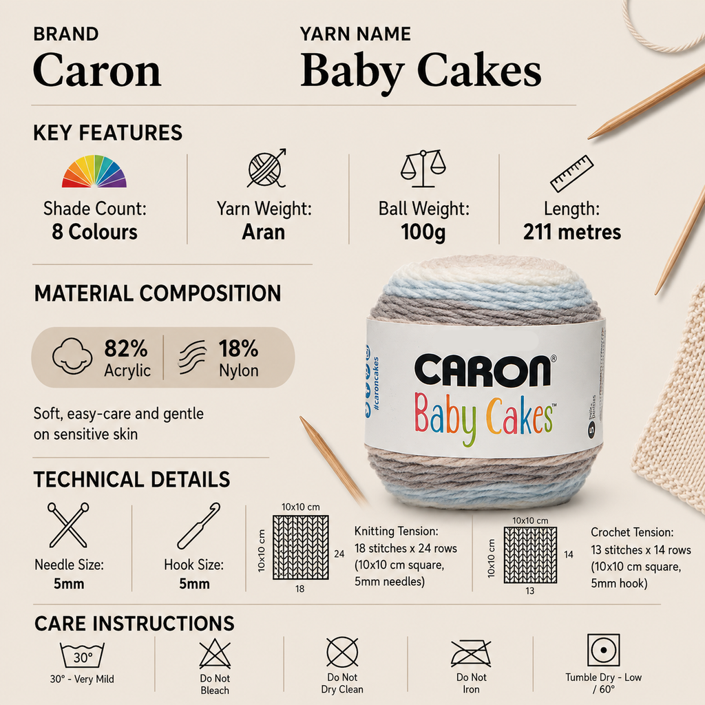 Caron Baby Cakes Crochet Aran Yarn - 100g, Soft Acrylic Nylon Blend Self-Striping Pastel Shades Knitting Cake Yarn for Baby Clothes & Blankets