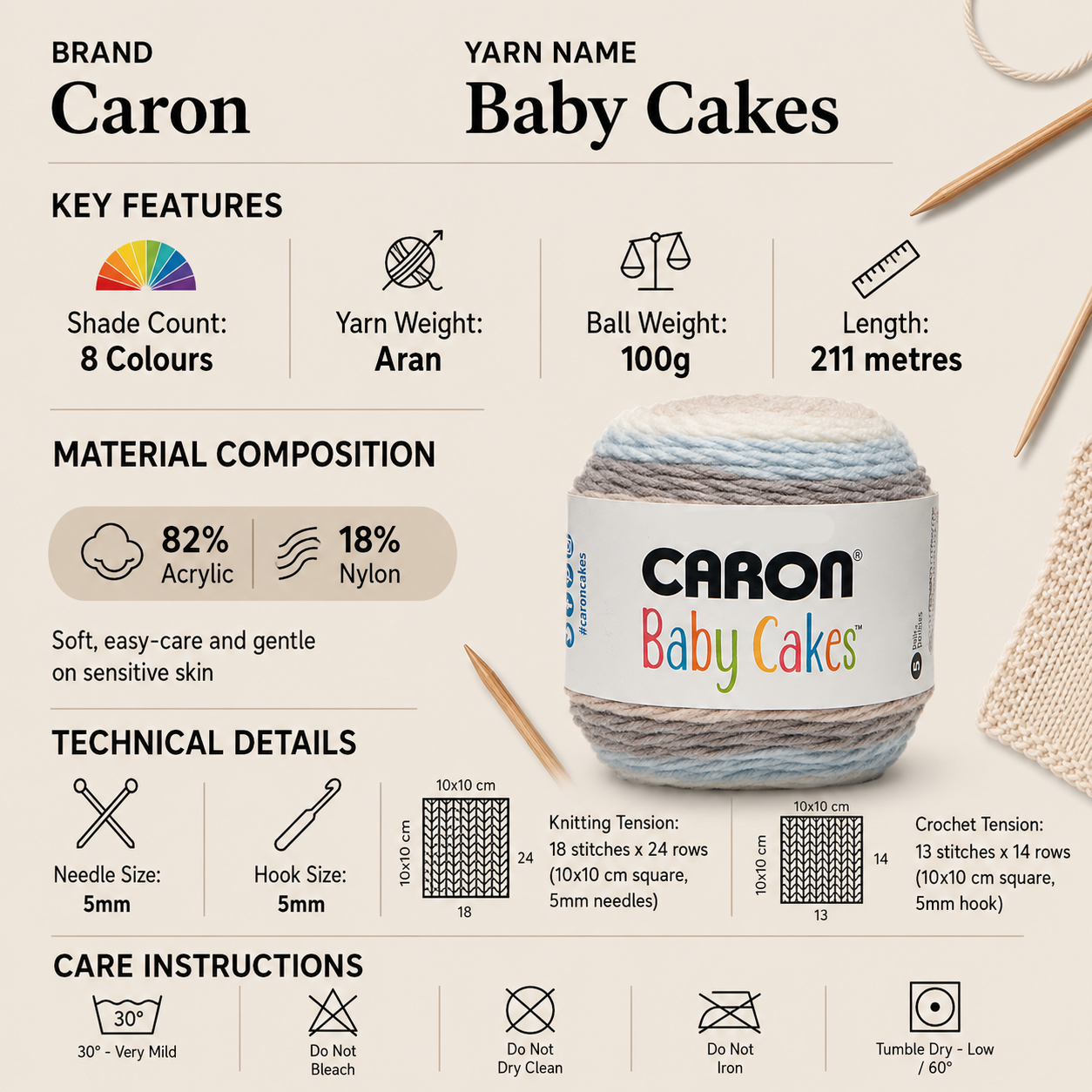 Caron Baby Cakes Crochet Aran Yarn - 100g, Soft Acrylic Nylon Blend Self-Striping Pastel Shades Knitting Cake Yarn for Baby Clothes & Blankets