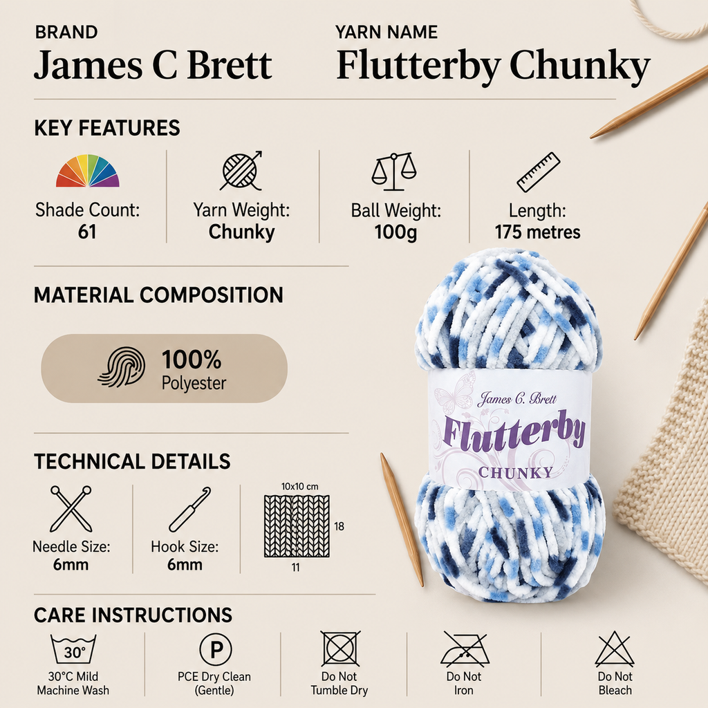 James C Brett Flutterby Yarn - 100g, Soft Shimmer 100% Polyester Chenille Crochet Knitting Chunky Yarn for Baby Blankets, Toys Amigurumi