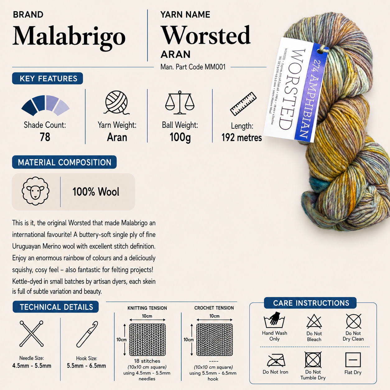Malabrigo Washted Crochet Aran Yarn - 100g, 100% Uruguayan Merino Wool Single Ply Hand Dyed Dyed Yarn – Soft Wool Yarn for Knitting, Crochet & Felting Projects