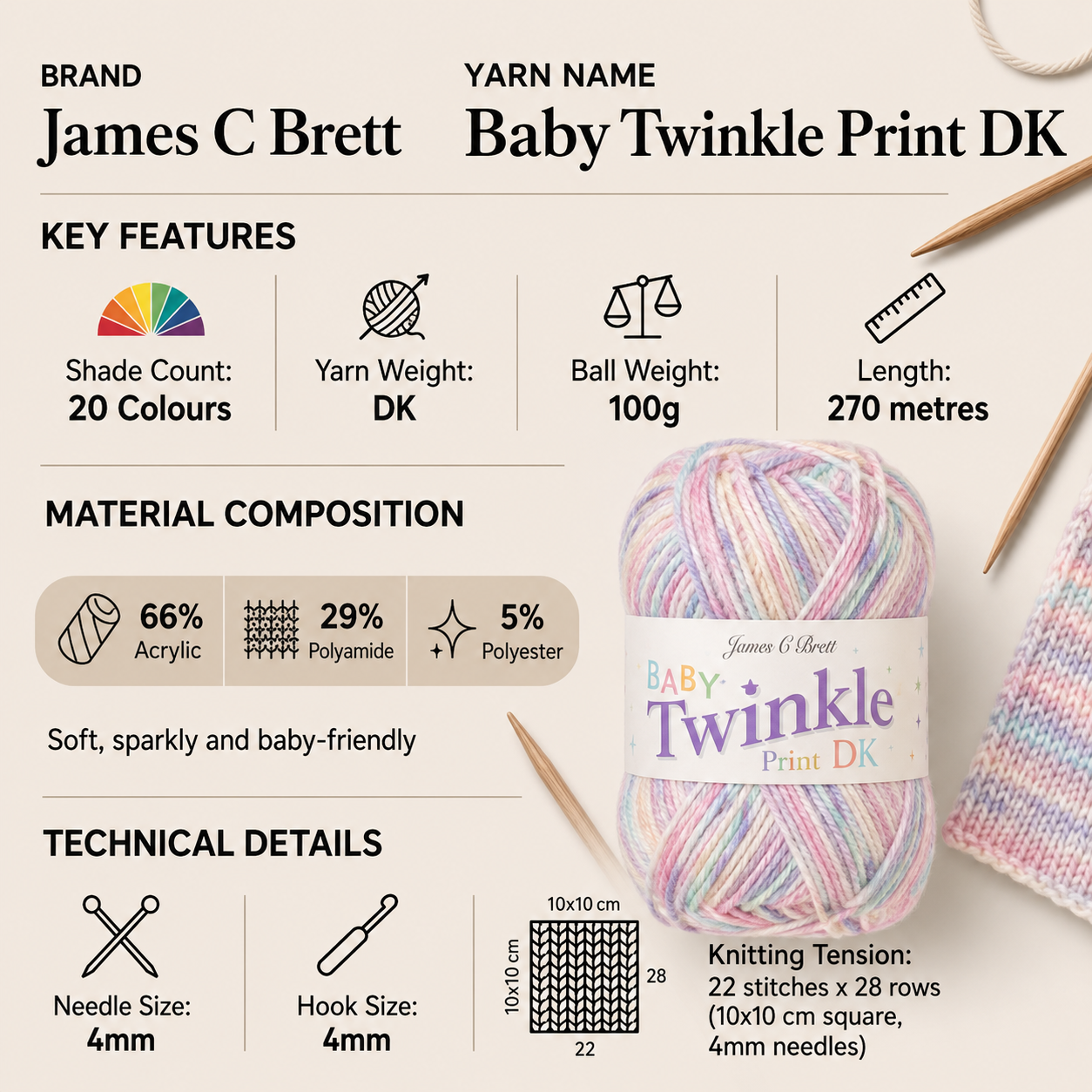 James C Brett Baby Twinkle Print DK Yarn - 100g, Glittery Acrylic, Polyamide & Polyester Blend Double Knitting Yarn for Baby Garments, Blankets and Accessories