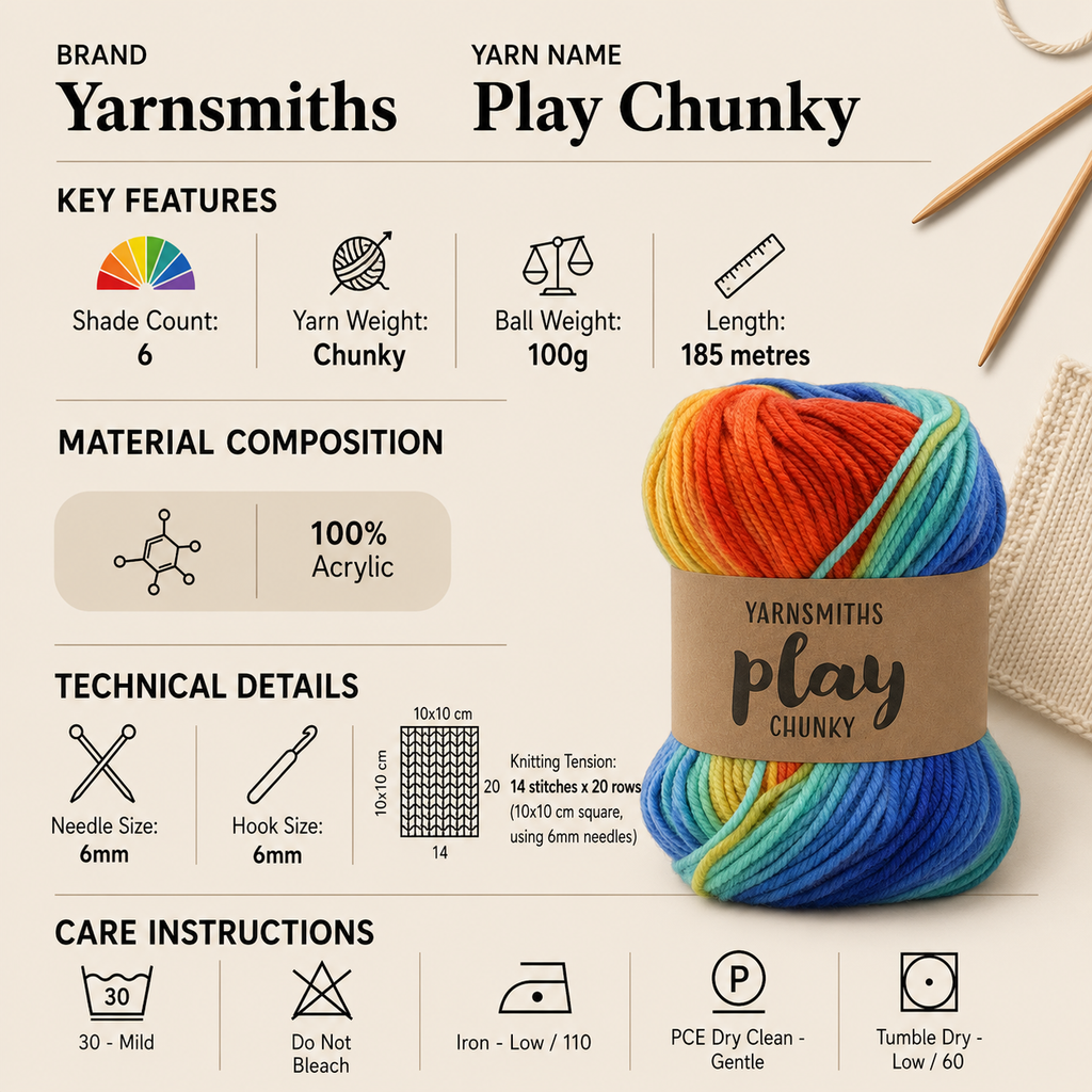 Yarnsmiths Play Chunky Yarn for Crochet - 100g, Luxury 100% Acrylic Variegated Self-Striping Vibrant Knitting Wool for Jumpers and Home Accessories