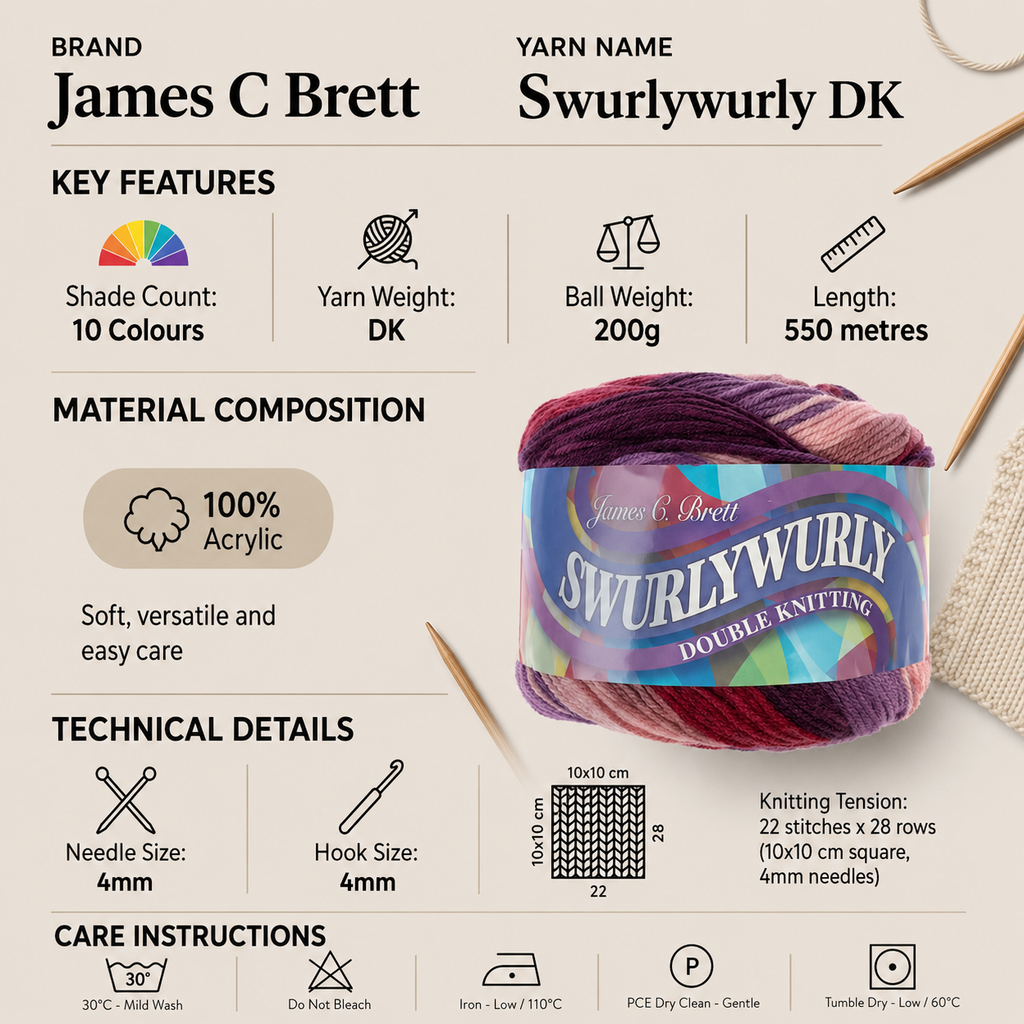 James C Brett Swurlywurly DK Yarn - 200g, Soft 100% Acrylic Double Knitting Self-Striping Cake Wool Yarn for Jumpers, Cardigans, Hats & Accessories
