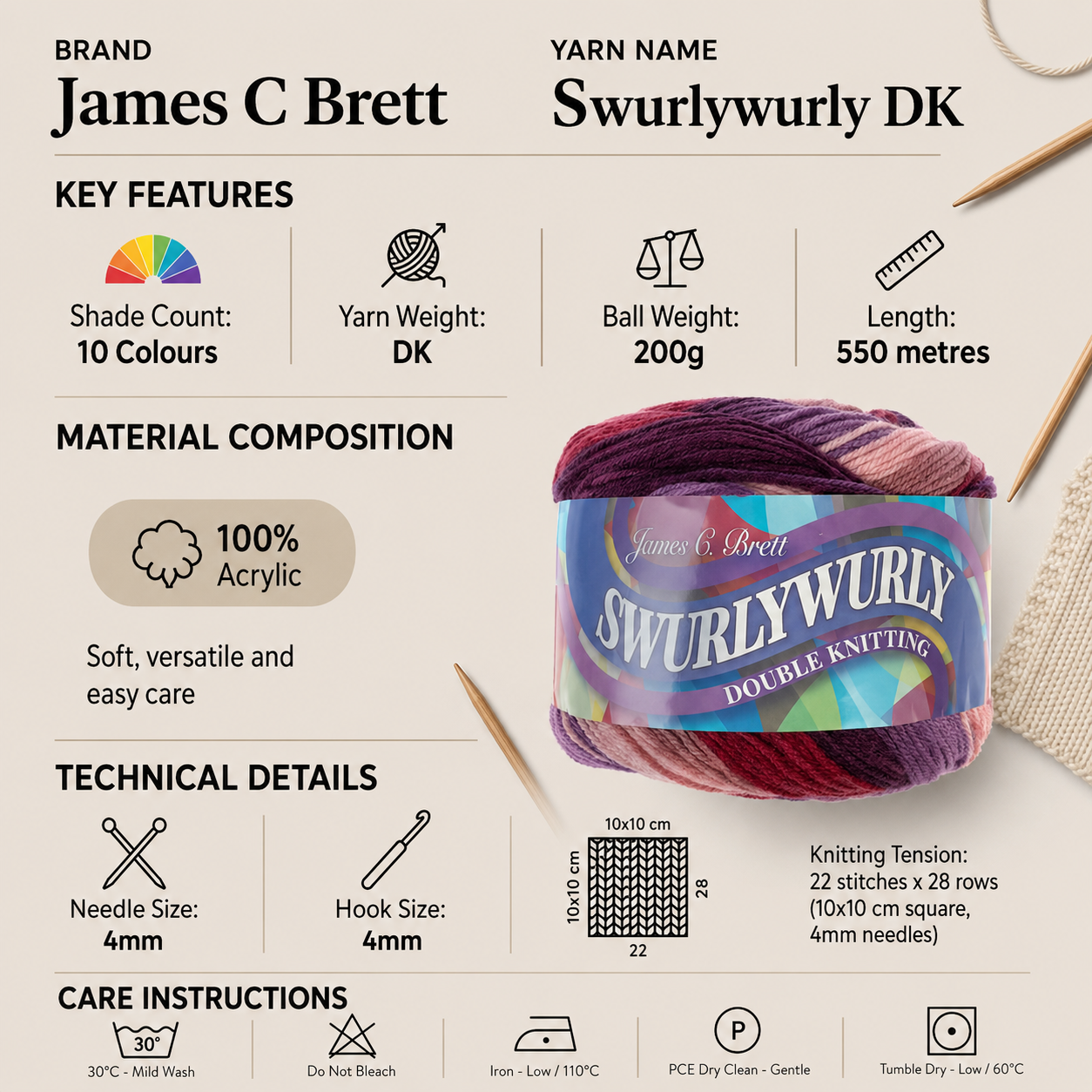 James C Brett Swurlywurly DK Yarn - 200g, Soft 100% Acrylic Double Knitting Self-Striping Cake Wool Yarn for Jumpers, Cardigans, Hats & Accessories