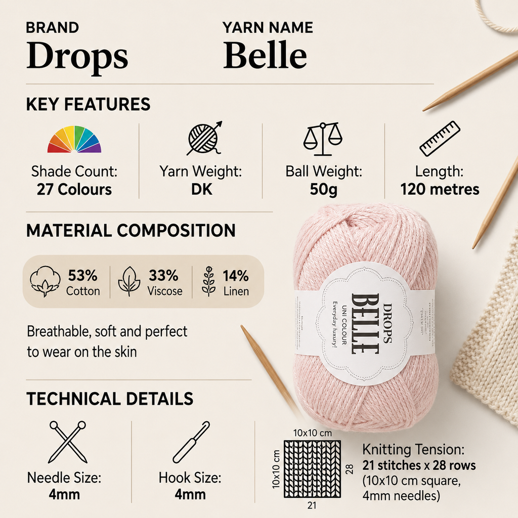 Drops Belle Double Knit DK Crochet Yarn - 50g, Cotton, Viscose & Linen Blend shimmer Lightweight Double Knitting Wool for Garments, Tops, Shawls & Accessories