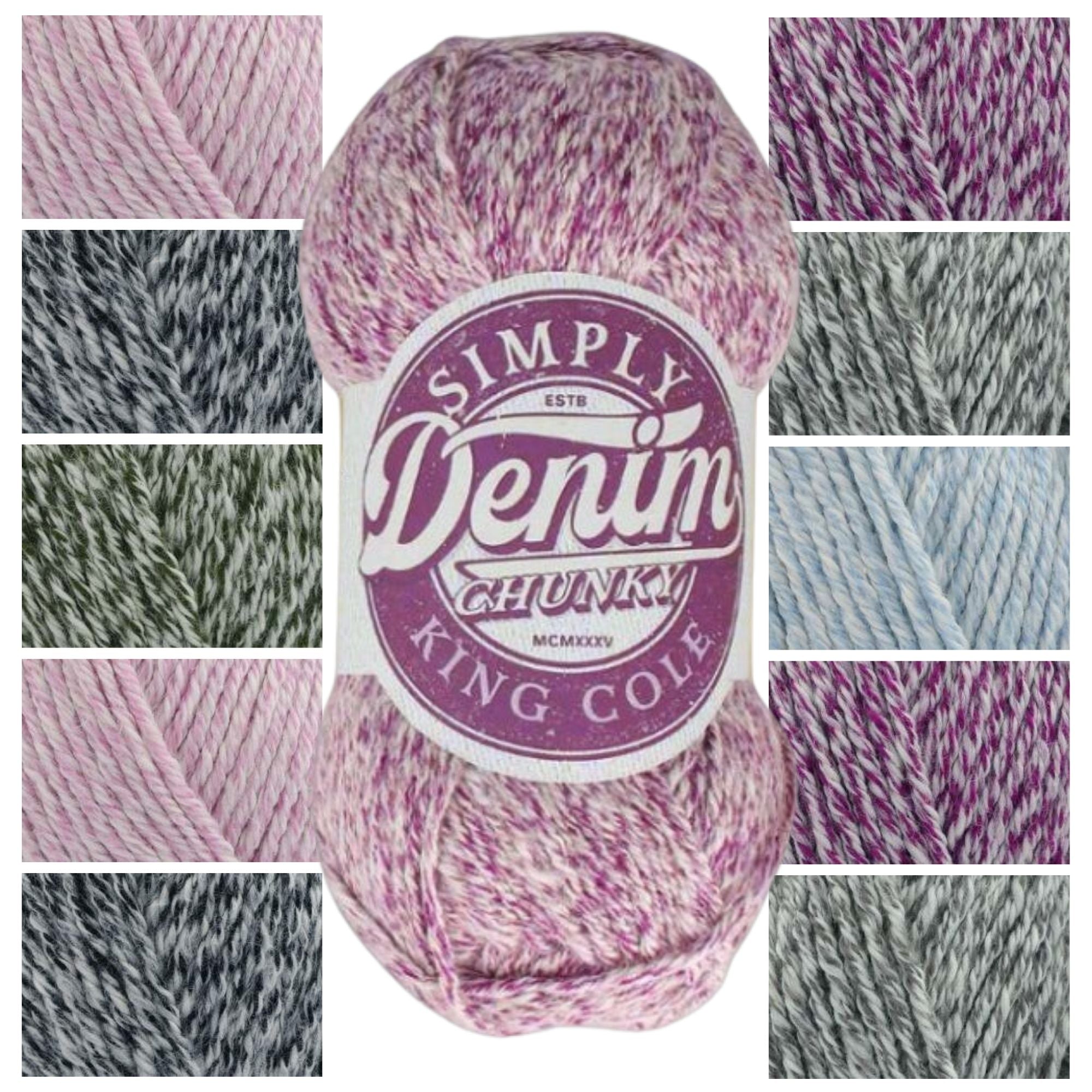 King Cole Simply Denim Chunky Yarn, Cotton & Acrylic Classic Denim Marled Shades Stylish Knitting Crochet Yarn in Denim Tones - 100g Ball
