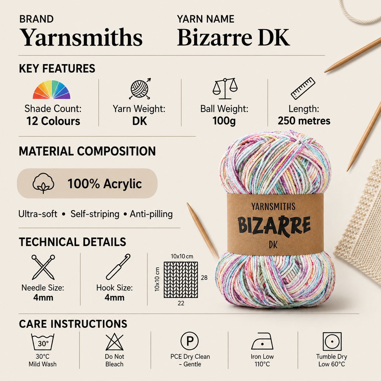 Yarnsmiths Bizarre DK Yarn For Crochet - 100g, Luxury 100% Acrylic Self-Striping Anti-Pilling Soft Double Knitting Wool for Baby Cardigans & Toys
