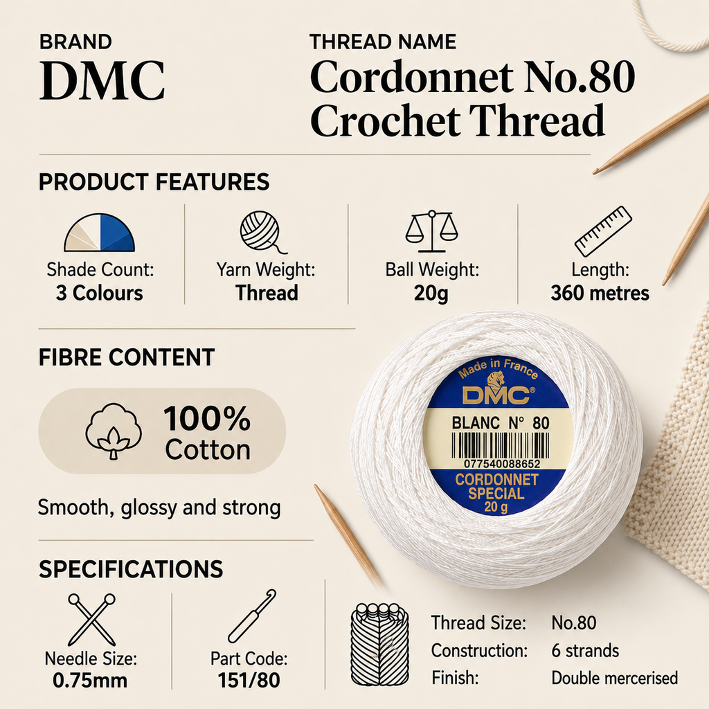 DMC Cordonnet No.80 Crochet Thread Yarn - 20g, 100% Double Mercerised Cotton, 6-Ply High-Gloss Strong Knitting Thread for Lacework, Doilies & Crafts