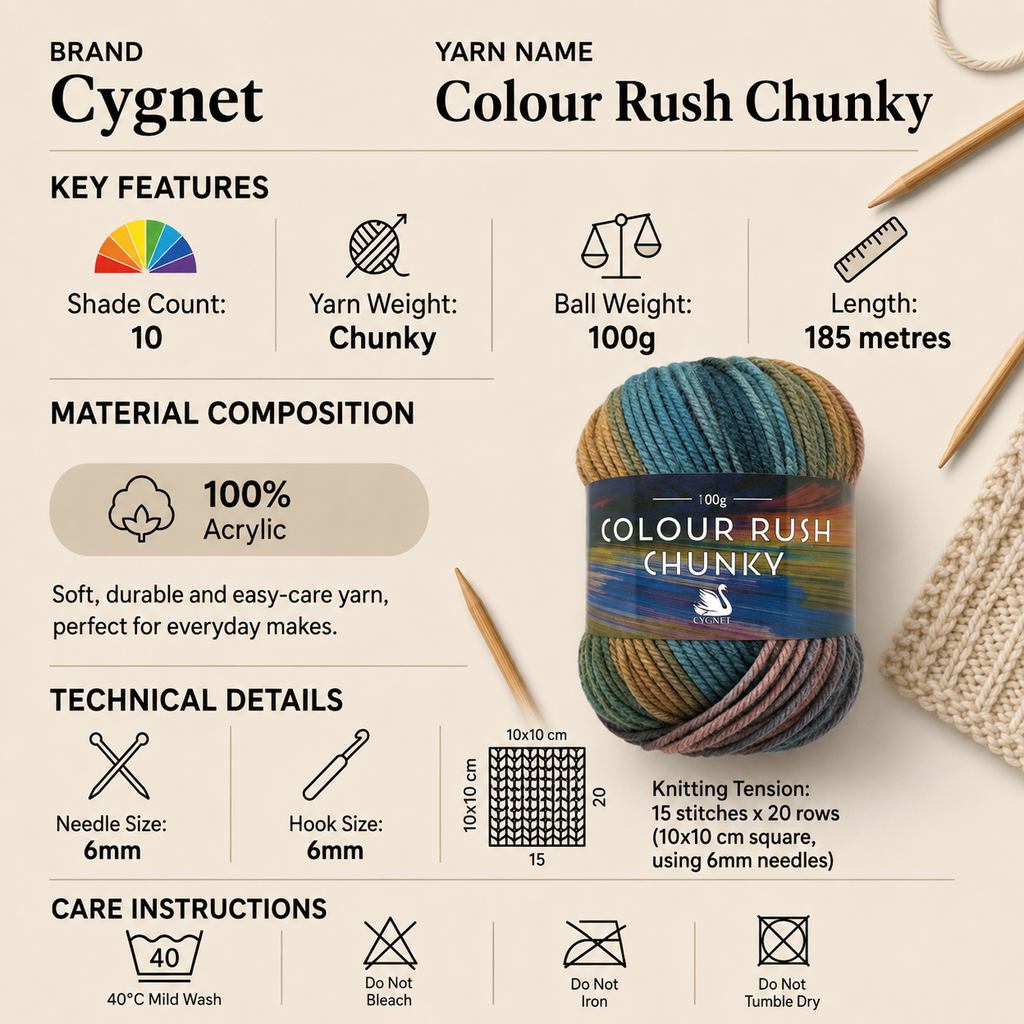 Cygnet Colour Rush Chunky Crochet Yarn - 100g, 100% Acrylic Self-Striping Versatile Knitting Yarn for Clothing, Accessories & Home Décor