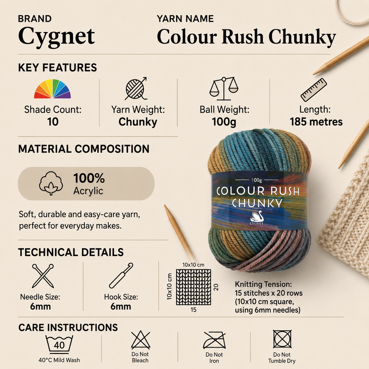 Cygnet Colour Rush Chunky Crochet Yarn - 100g, 100% Acrylic Self-Striping Versatile Knitting Yarn for Clothing, Accessories & Home Décor