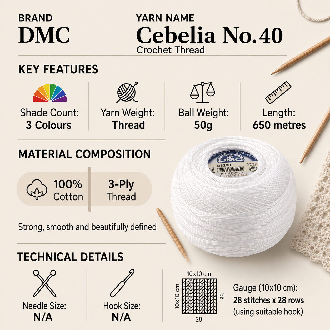DMC Cebelia No.40 Crochet Thread Yarn - 50g, Double Mercerised Three-cord 100% Cotton Fade Resistant Knitting Yarn for Decorative Lacework, Doilies & Crafting
