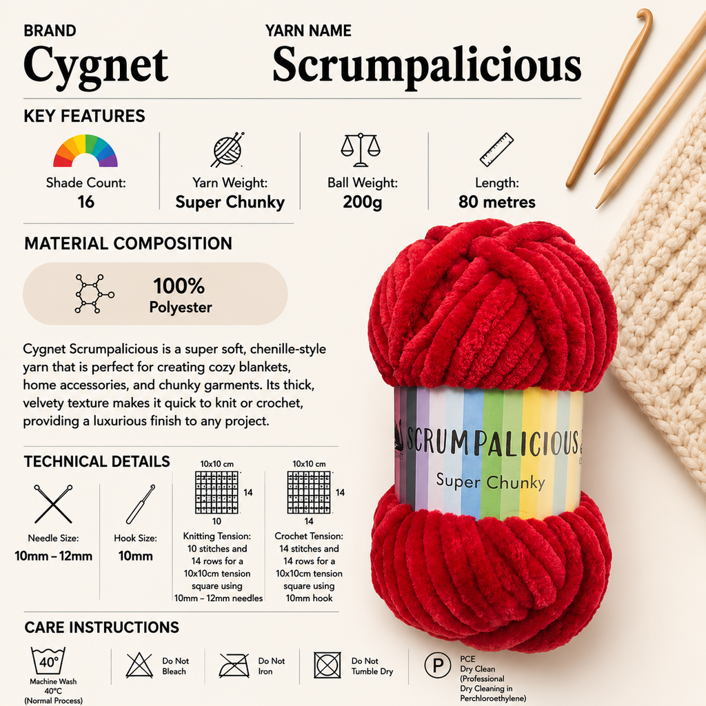 Cygnet Scrumpalicious Super Chunky Yarn - 200g, Soft 100% Polyester Crochet Knitting Velvety Finish Chenille Yarn for Blankets, Oversized Knitwear & Cushions