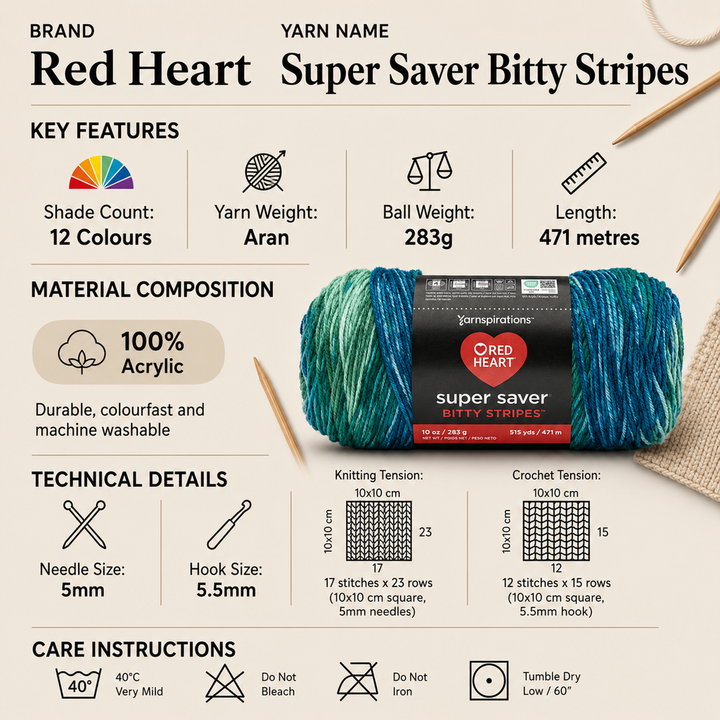 Red Heart Super Saver Bitty Stripes Yarn - 283g, 100% Acrylic Rainbow Blurry-Stripe Knitting Wool for Crochet Blankets, Accessories & Garments